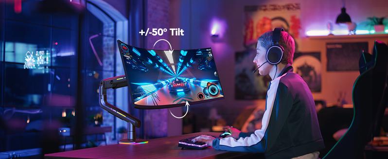 HUANUO RGB/Non-RGB Monitor Arm for Ultrawide Screens up to 57″/49'', Heavy-Duty Single Mount Holds 44 lbs, Fully Adjustable Gaming Monitor Arm with C-Clamp & Grommet Base, Max VESA 100 x 100mm