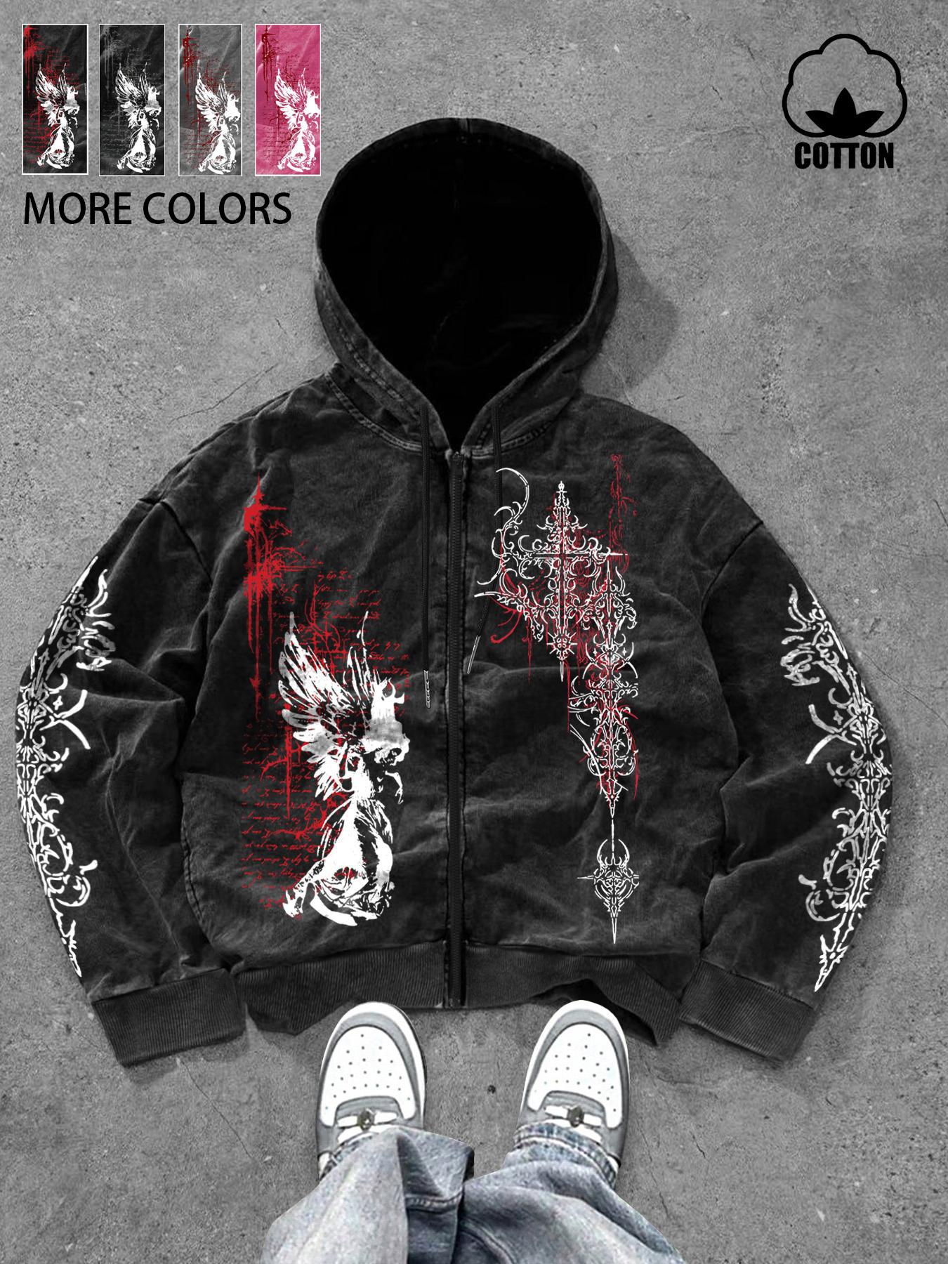 Same design for men and women, Dark-themed angel/gothic lace pattern print, retro American-style wash water cotton zipper hooded cardigan sweatshirt, suitable for spring and autumn, warm with cotton, and is perfect for street gothic fashio, Fashion