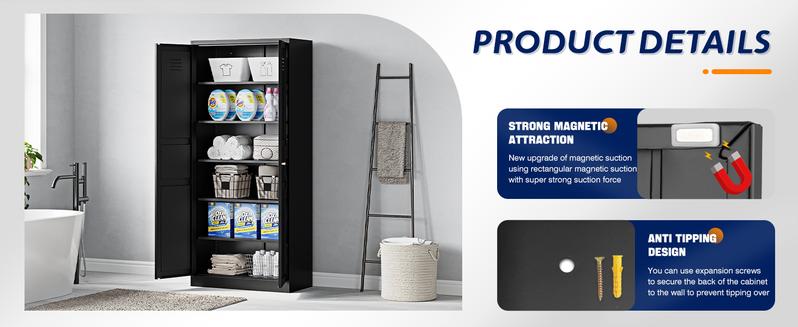 Yizosh Metal Storage Cabinet with 2 Doors & Adjustable Shelves 71" White Kitchen Pantry 5-Tier Tall Steel Locker for Kitchen Living Room Dinning Room