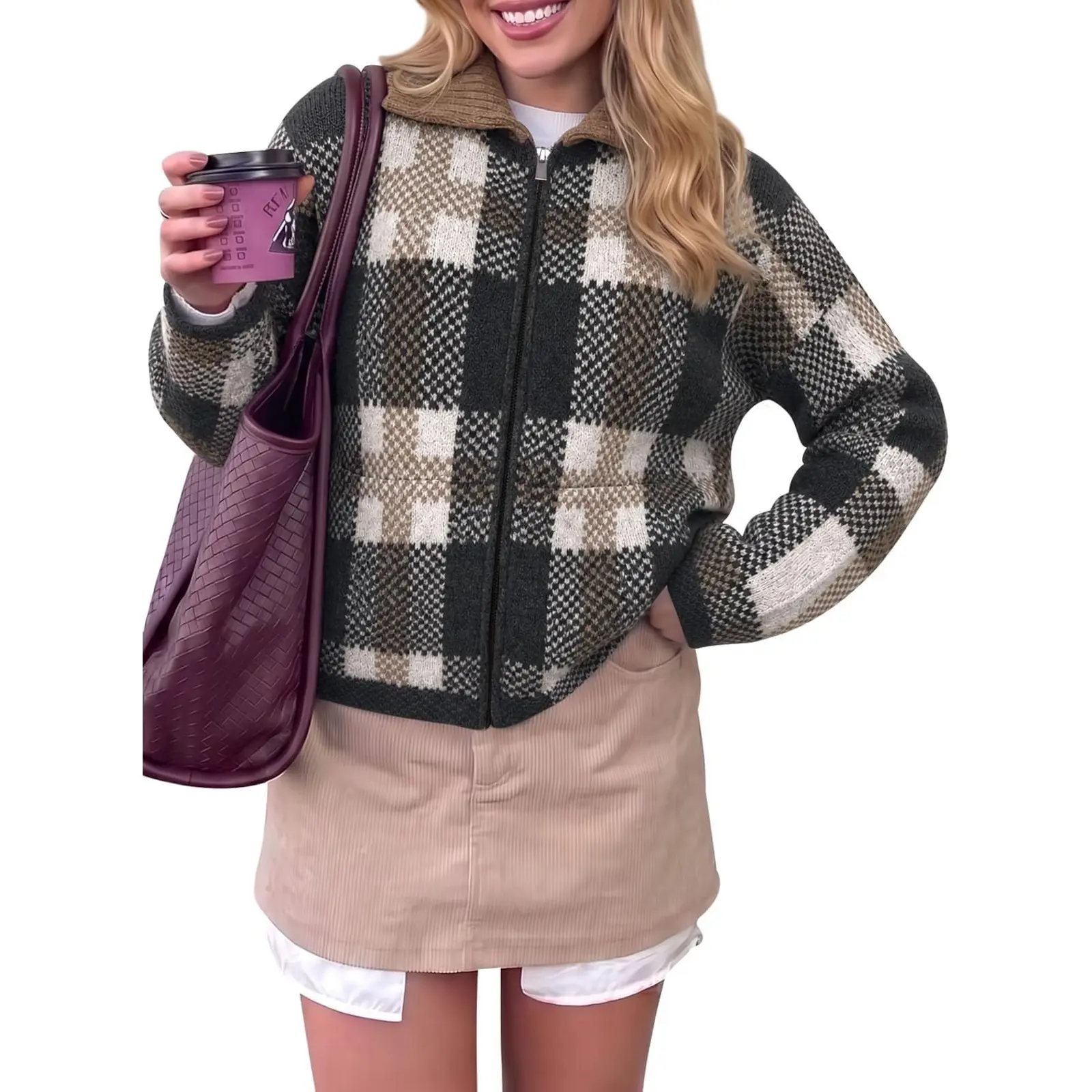 Saodimallsu Womens Plaid Cardigans Color Block Fall Zip Up Sweater Jackets | Collared Neck, Checkered, Trendy Casual Style, Fashion Outfits, Short Sweater Jacket, Knit, Fitted, Soft Breathable Material