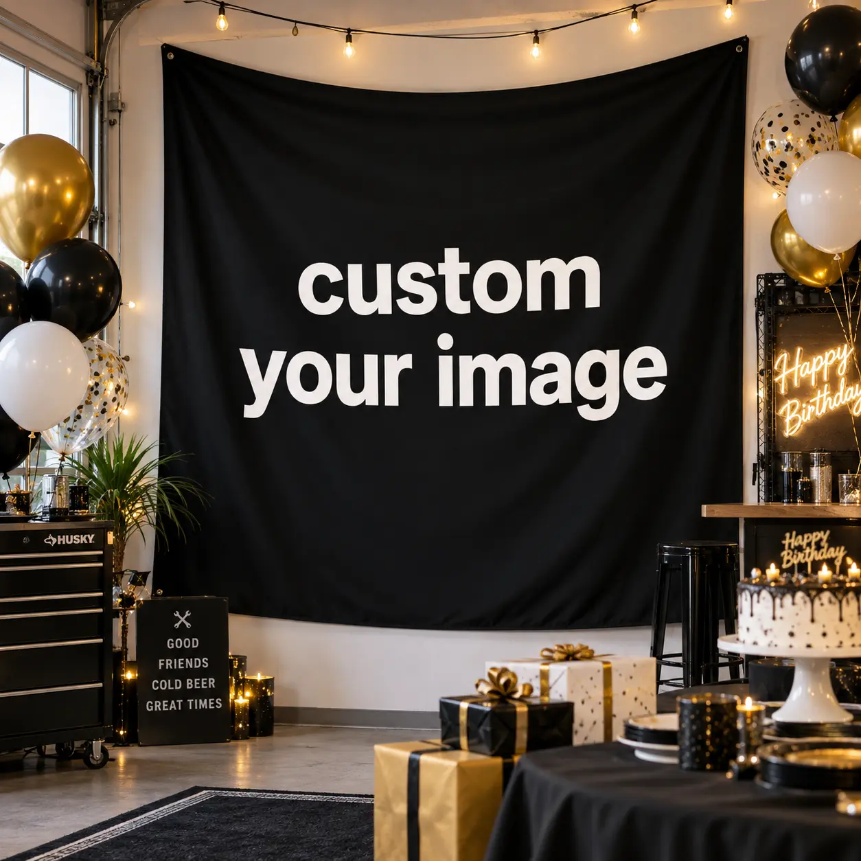 Custom Photo & Name Black Gold Backdrop, Personalized Elegant Banner for Birthday Anniversary Graduation Party