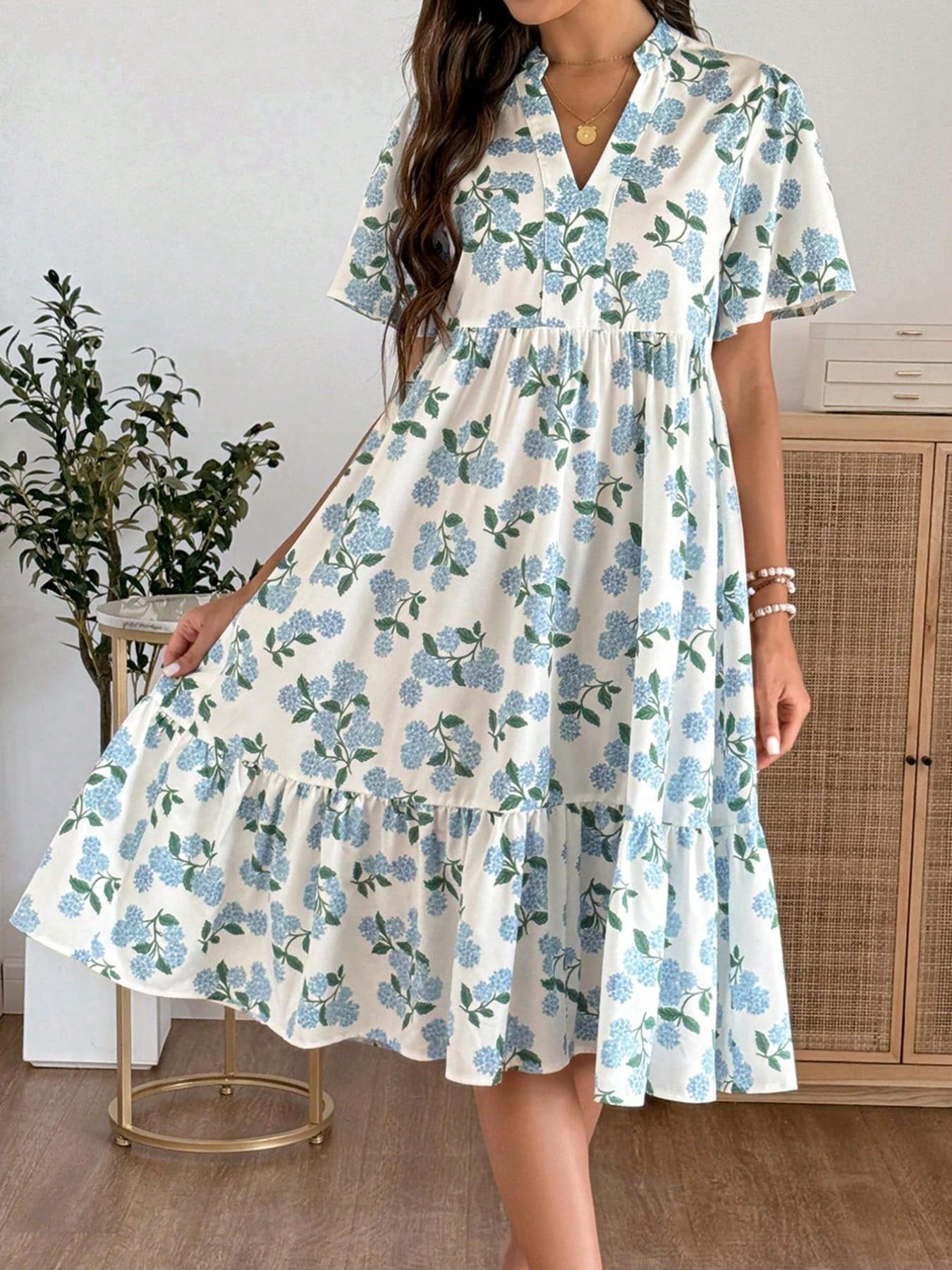 Women's Fashion Blue Floral V Neck Short Sleeve a Line Dress, Summer Loose Fit Slimming Medium Long Babydoll Style Vacation Dress, Womenswear