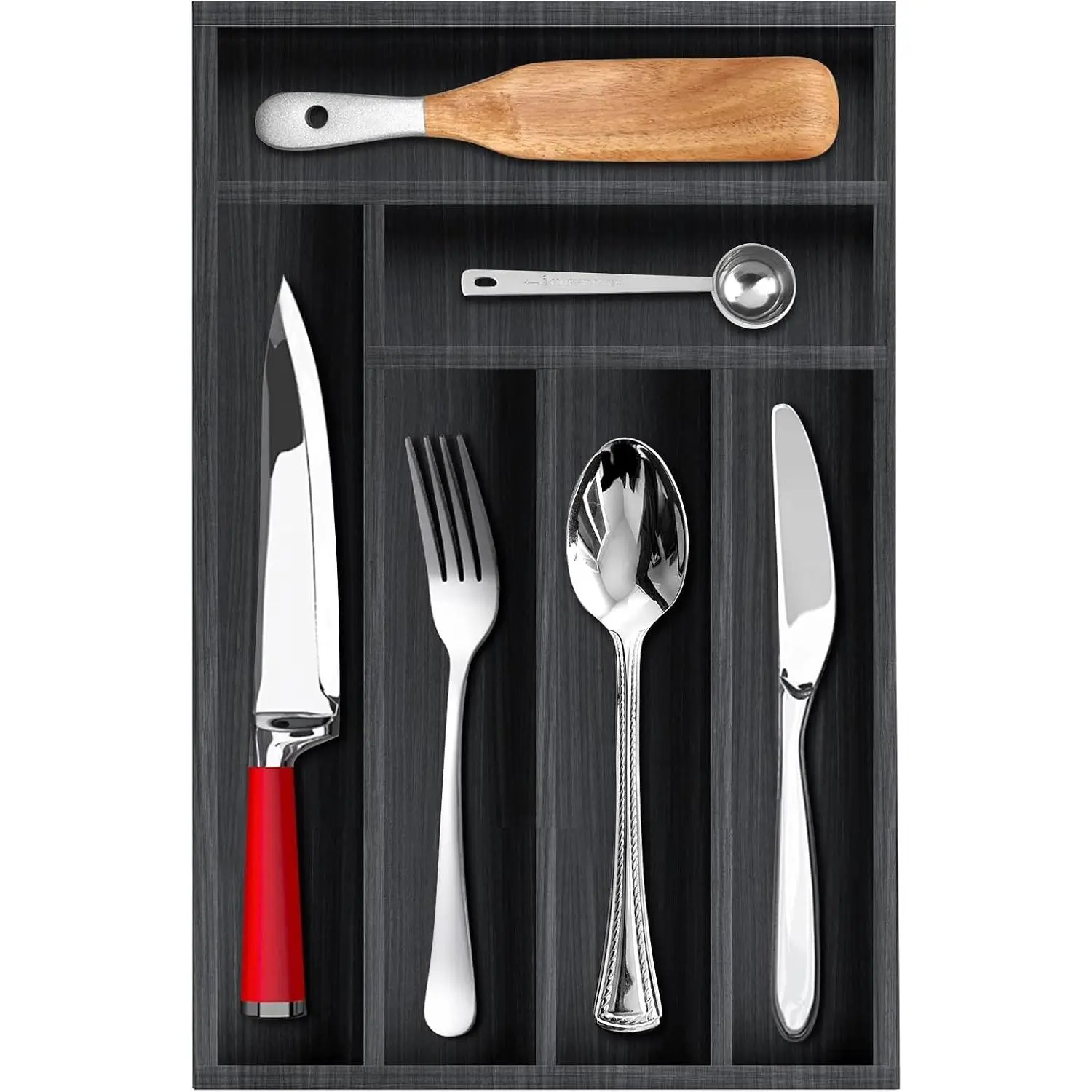 Wooden Utensil Tray Silverware Drawer Organizer, Cutlery Flatware Dividers, 14.6x9.5 inch Spoon Fork Organizer Black Bamboo Holder for Drawer