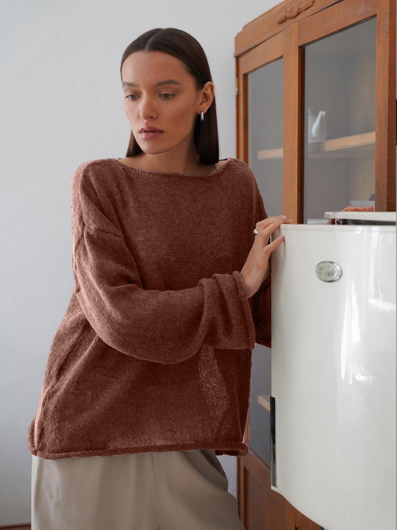 Women's Sheer Thin Spring Summer Loose-Fit Plaid Hollow Out Sweater Pullover, Casual Round Neck Batwing Sleeve Knitwear for All Seasons