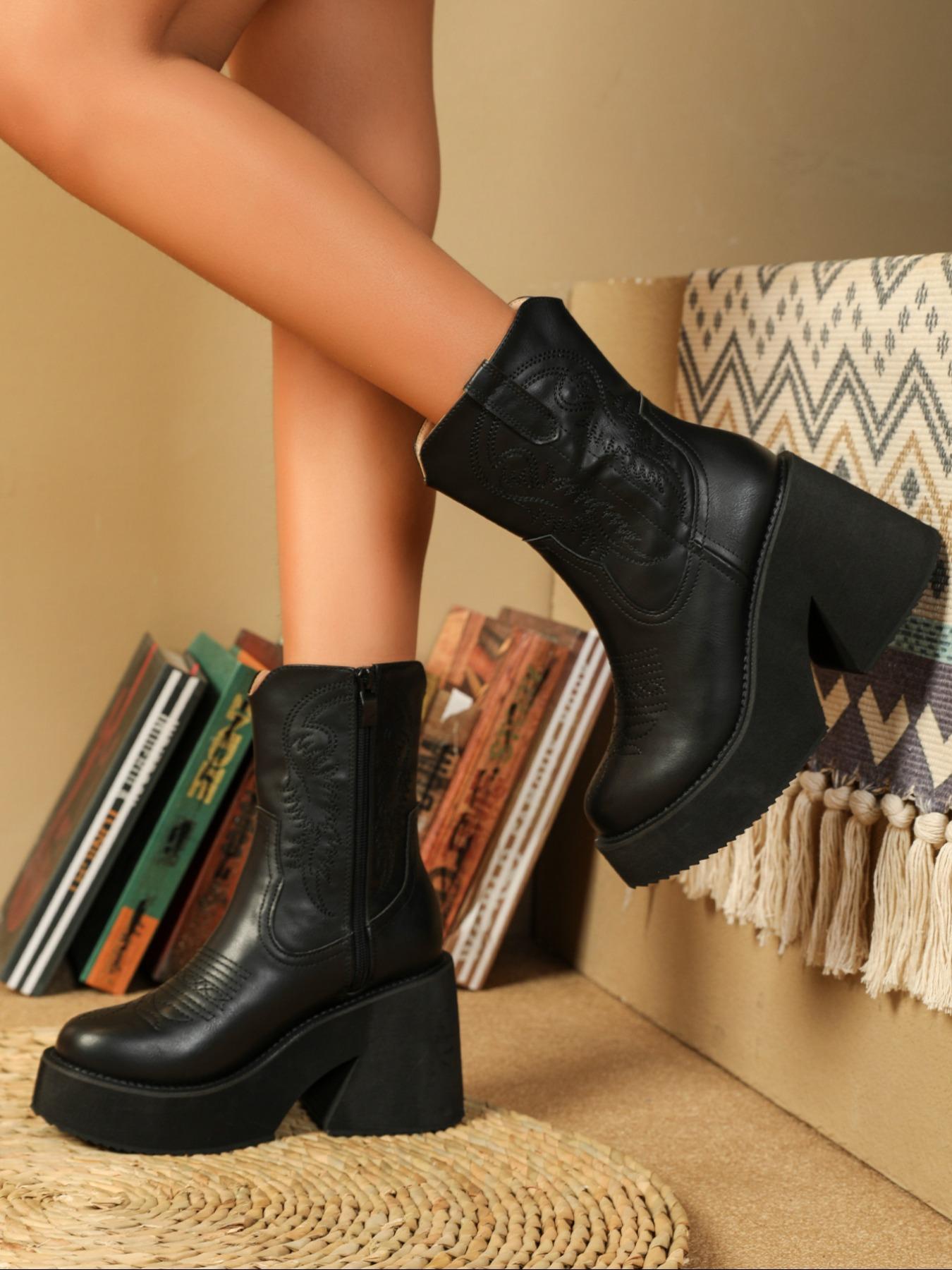 Women's Fashionable Embroidered Design Wedge Boots, Elegant Round Toe Mid-calf Boots, Casual Comfortable Platform Shoes for Daily Wear, Western Embroidered Boots