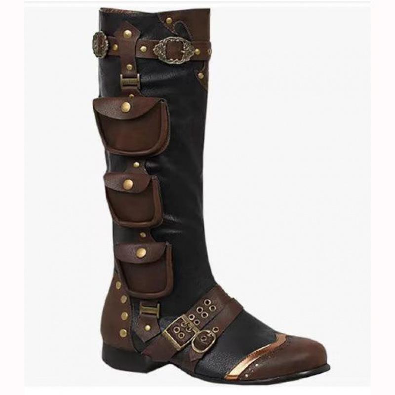 Men's Large-Size Medieval Steampunk Retro High Boots with Pockets - Time Traveler Cosplay, Halloween Pirate Footwear, Decor, Polyester