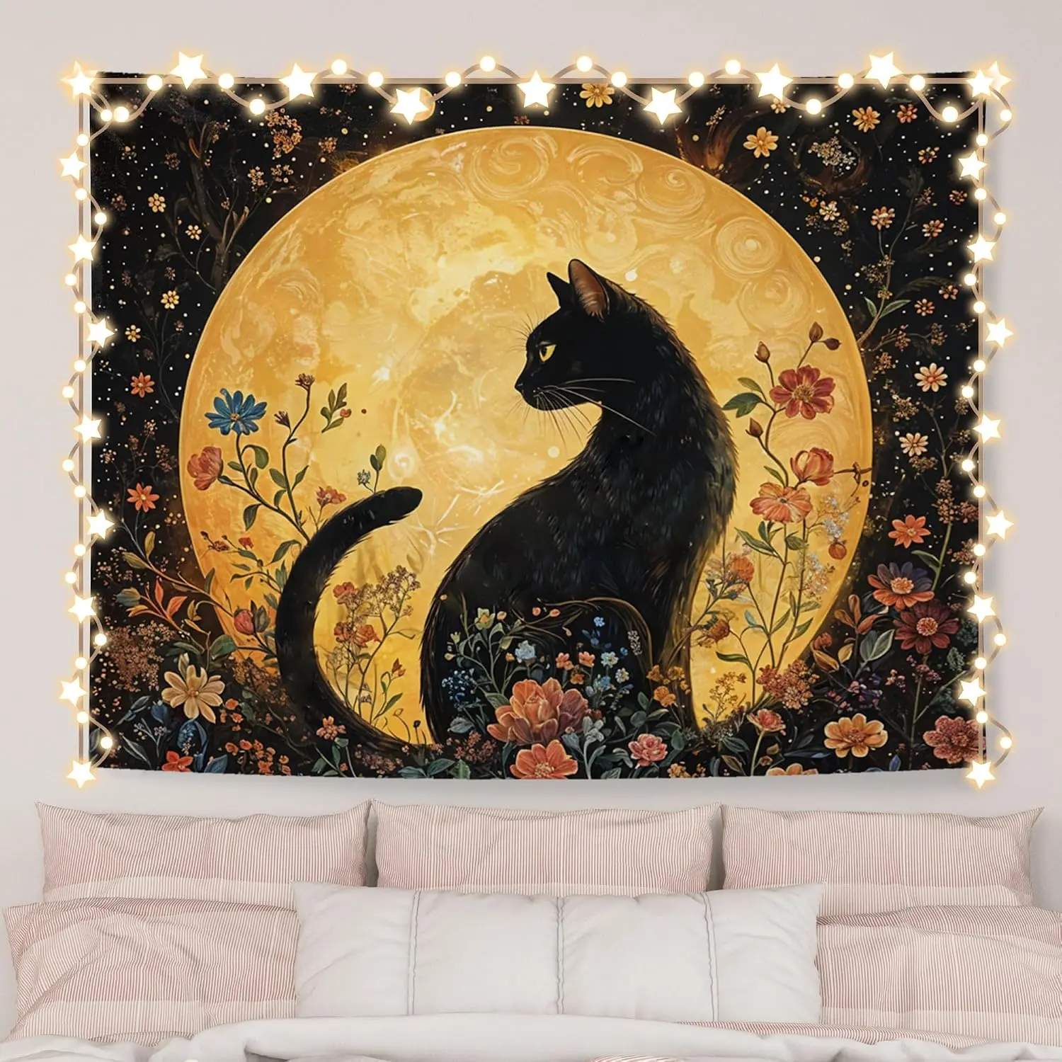 AQYIP Witchy Floral Black Cat Tapestry, Mystical Moon Celestial Cat Tapestry Decorative, Whimsical Dark Academia Black Kitten Wall Tapestries Blanket Decor for Home Office