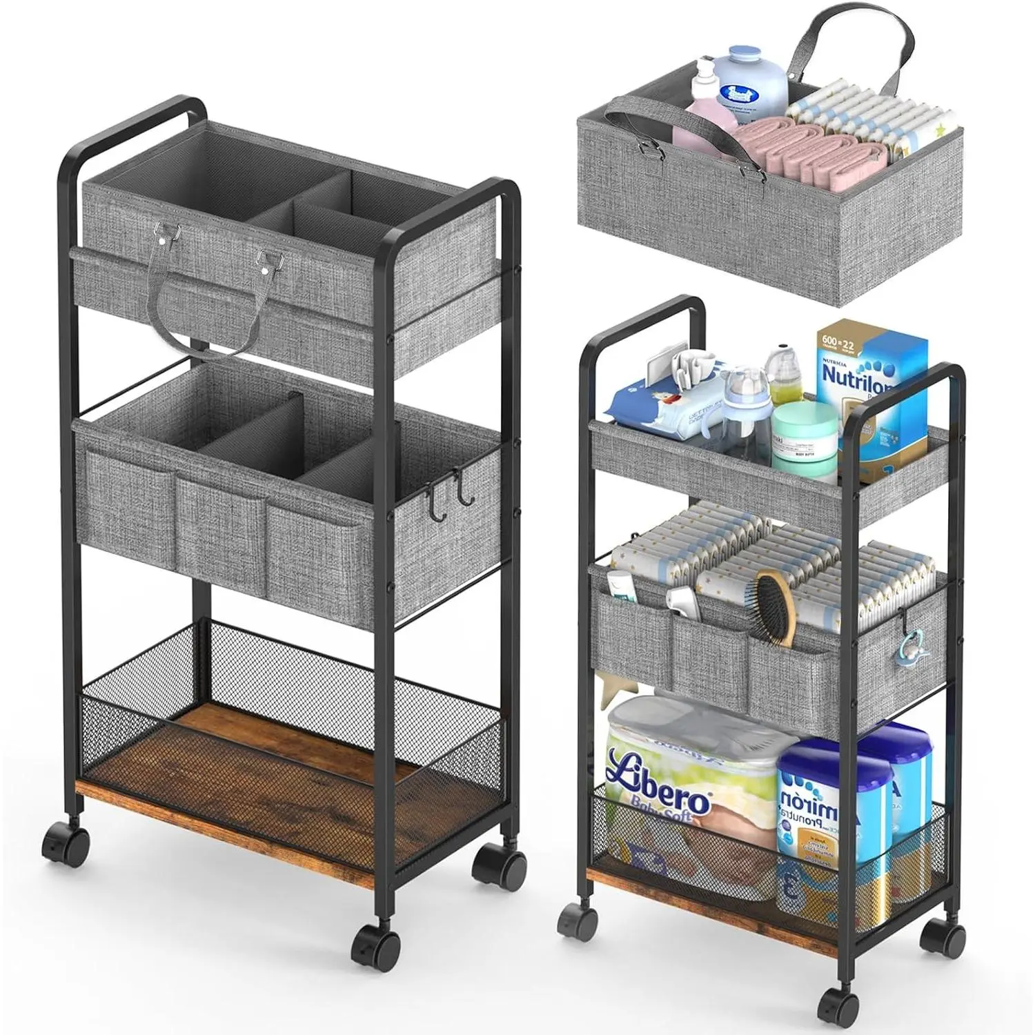 2-in-1 Baby Diaper Caddy & 3-Tier Rolling Cart, Mobile Metal Utility Organizer with Dividers for Nursery Essentials, Detachable Bedside Cart, Large Capacity(Gift)