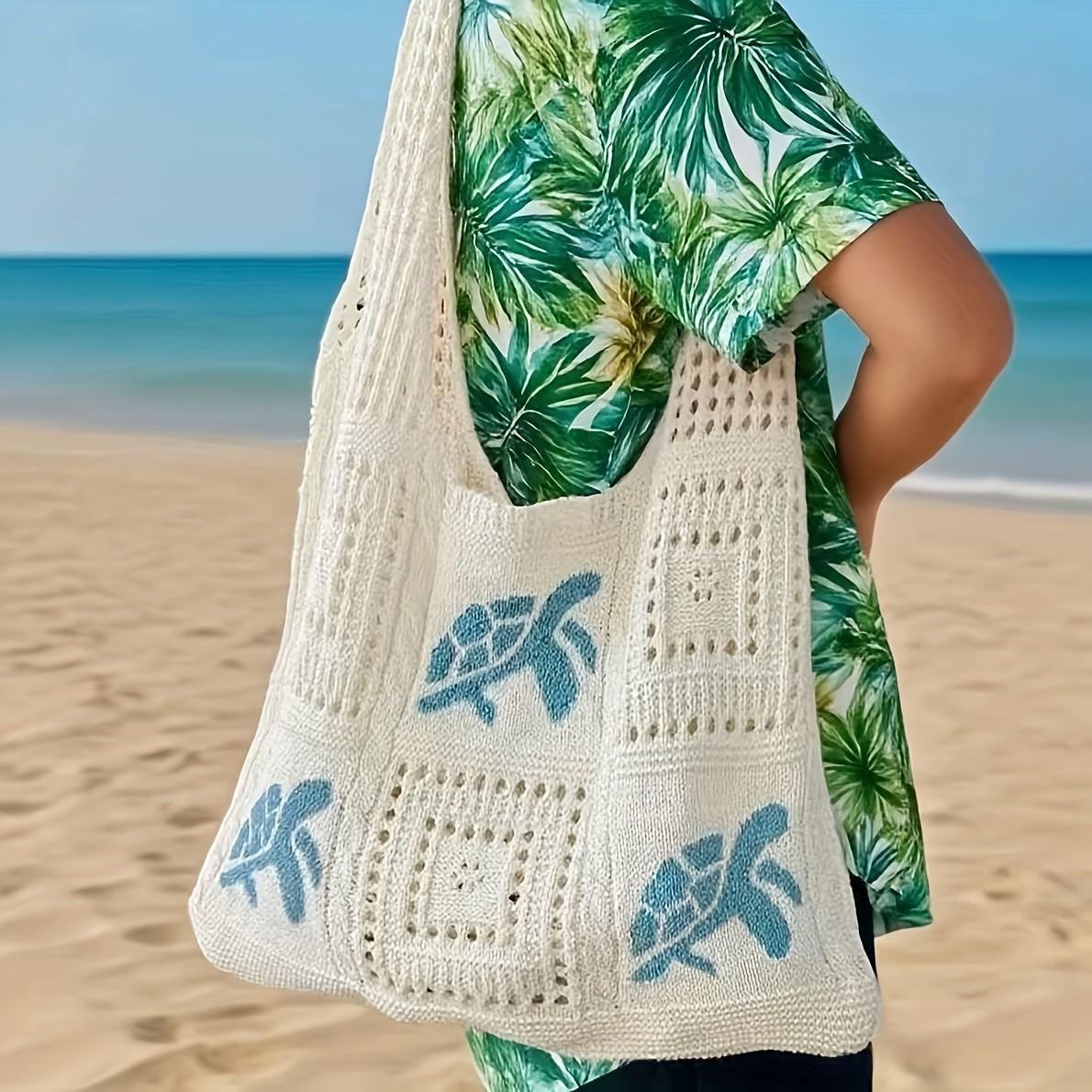 Boho Turtle Pattern Beach Woven Bag, Large Capacity Storage for Sunscreen, Sunglasses, Small Towels, Perfect for Sea Trips
