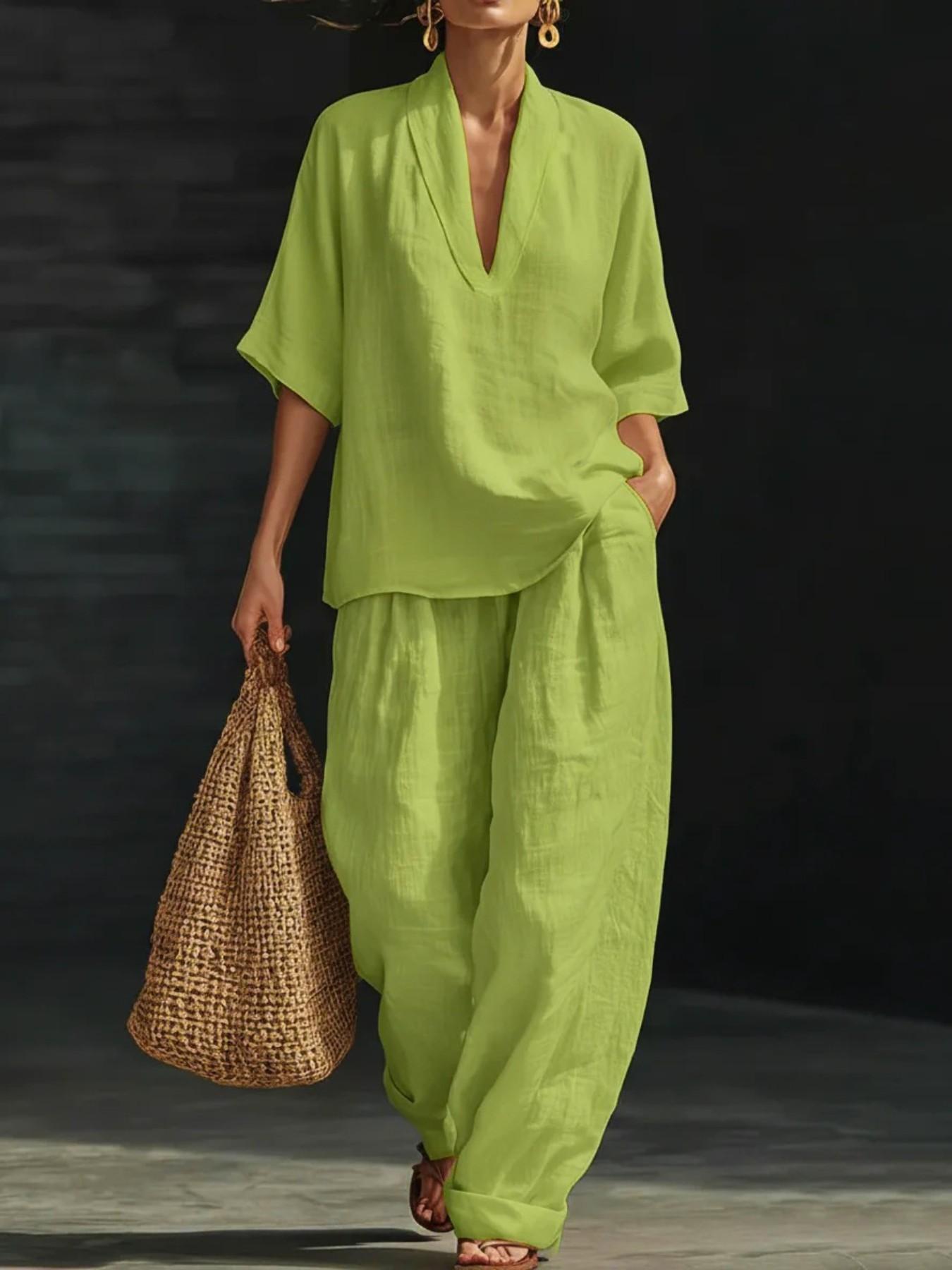 French Linen V-Neck Set for Women, Summer Loose Five-Finger Sleeve Wide Leg Pants, Lazy Style Vacation Casual Two-Piece Set Womenswear