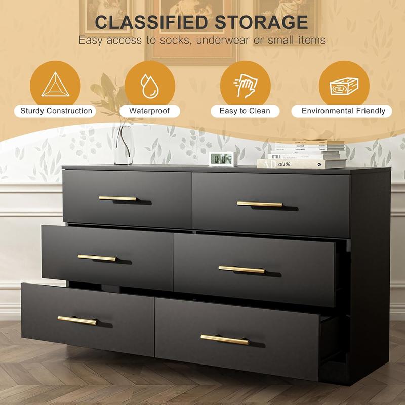 6 Drawer Dresser with Gold Handles for Bedroom, Modern Wide Chest of Drawers with Sturdy Frame for Living Room, TV Stand with Drawers Storage Cabinet Furniture for Closet Beside Living Room,Black Aesthetic Interior