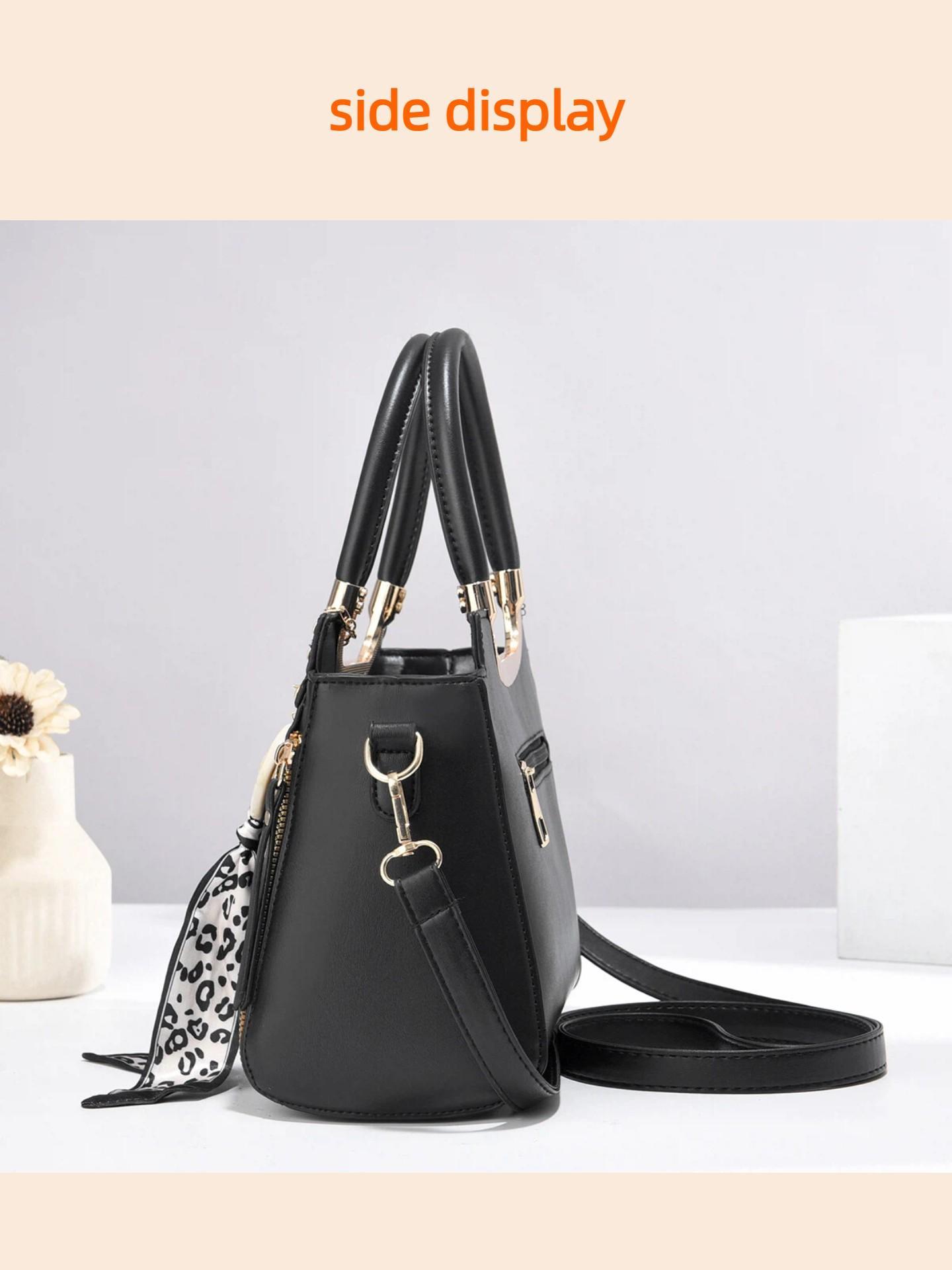 Elegant Women's Handbag Set, High-Quality Diamond Weave Design, Leopard Print Scarf Decoration, Large Capacity Shoulder Bag