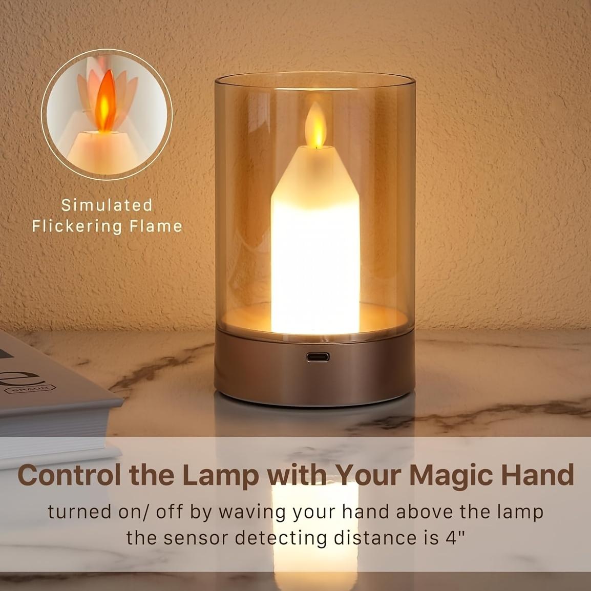 Small Candle Table Lamp Cordless Gesture Sensor Control Night Light Lamp Glass Flameless Candle Dimmable Table Candle Lantern Rechargeable Warm Light Lamp for Bedroom/Restaurant/Cafe