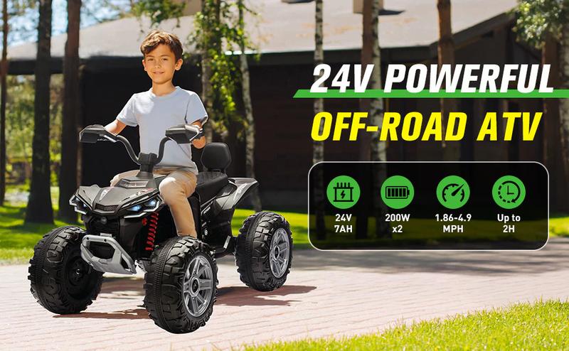 Valentine's Day Gifts- 2026 24V Kids ATV, 4-Wheeler Ride-On Car with Dual Drive, LED Lights, Bluetooth, USB, Spring Suspension, High/Low Speed, for Boys & Girls (Ages 3–8)