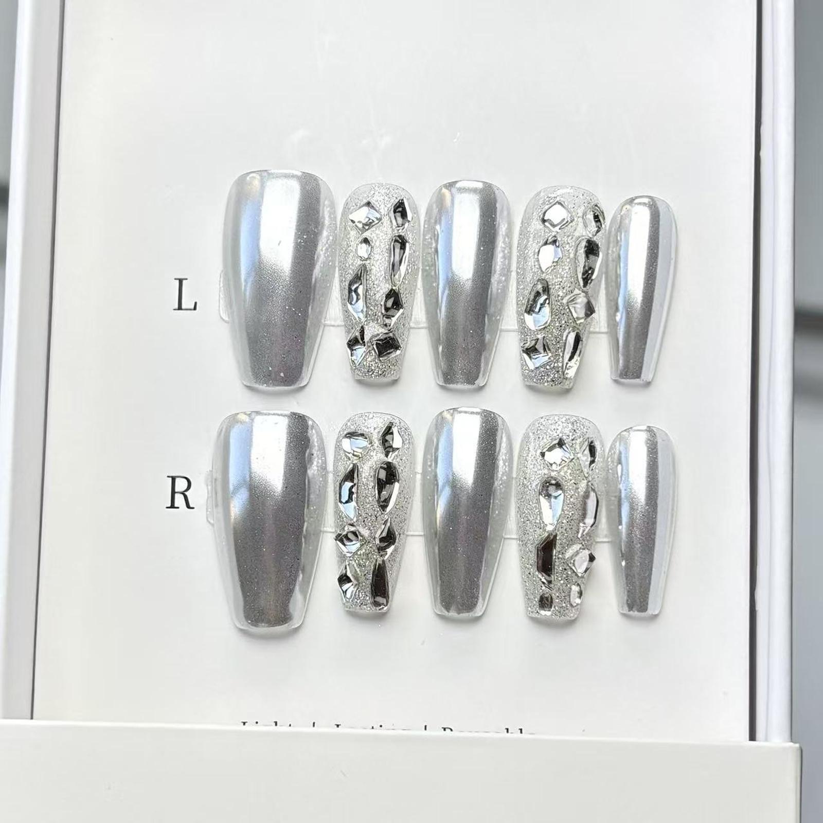 Obsessed With This Edgy Vibe! Custom Full Chrome Silver Press On Fake Nails, Exquisite Hand-Pailed Sparkling Mixed Rhinestone Design, TikTok Viral Hit