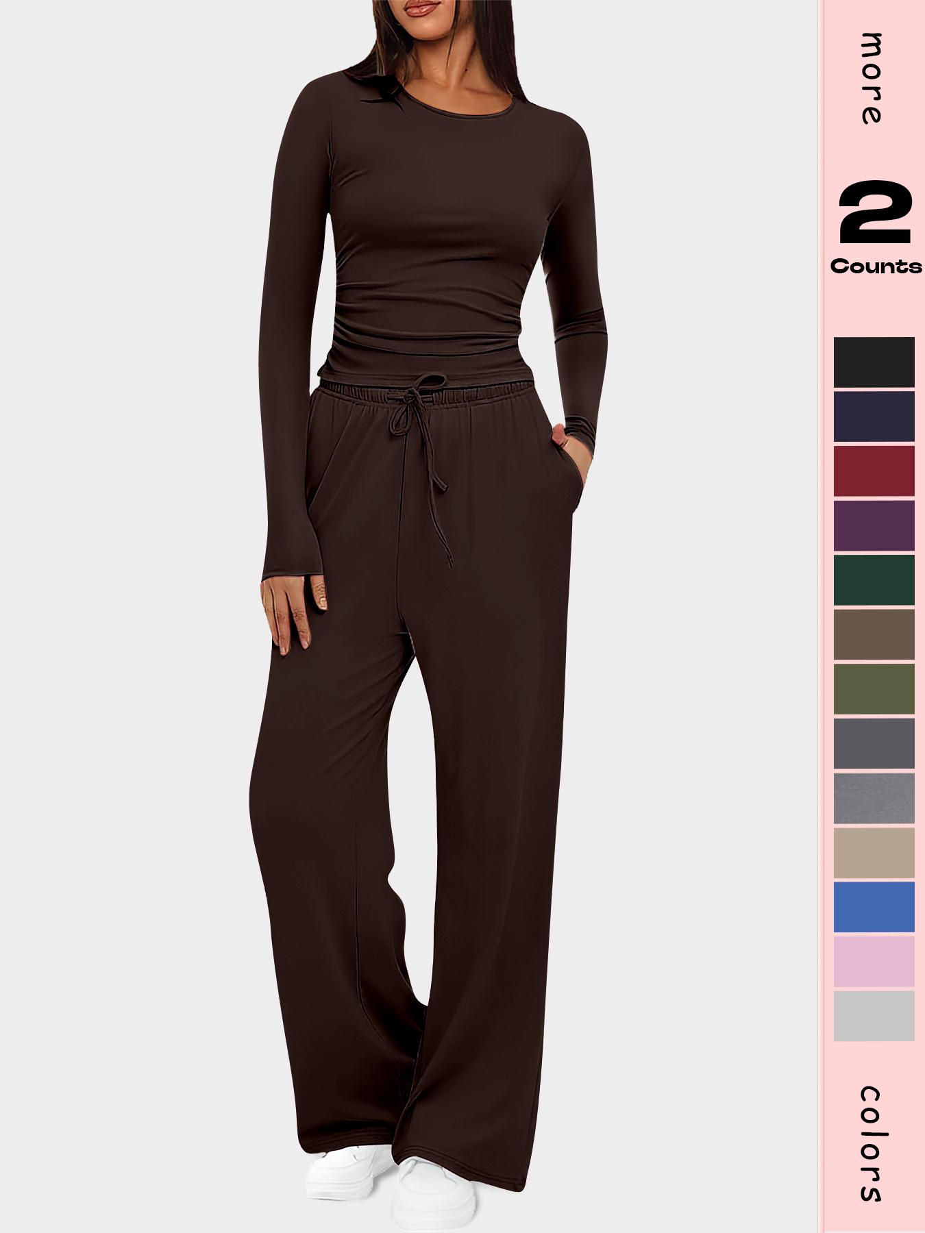 Women's 2-Piece Set Autumn and Winter Loungewear Sets, Ruched Fitted Long Sleeve Tops & High Waisted Wide Leg Pants