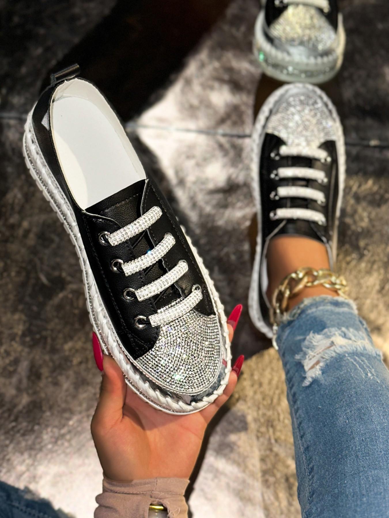 YYW1 Shiny Silver Color Sequins Casual Shoes Footwear Women, Lace-Up Chunky Sole Canvas Sneakers, Perfect Dating and Shopping, Walking Shoes
