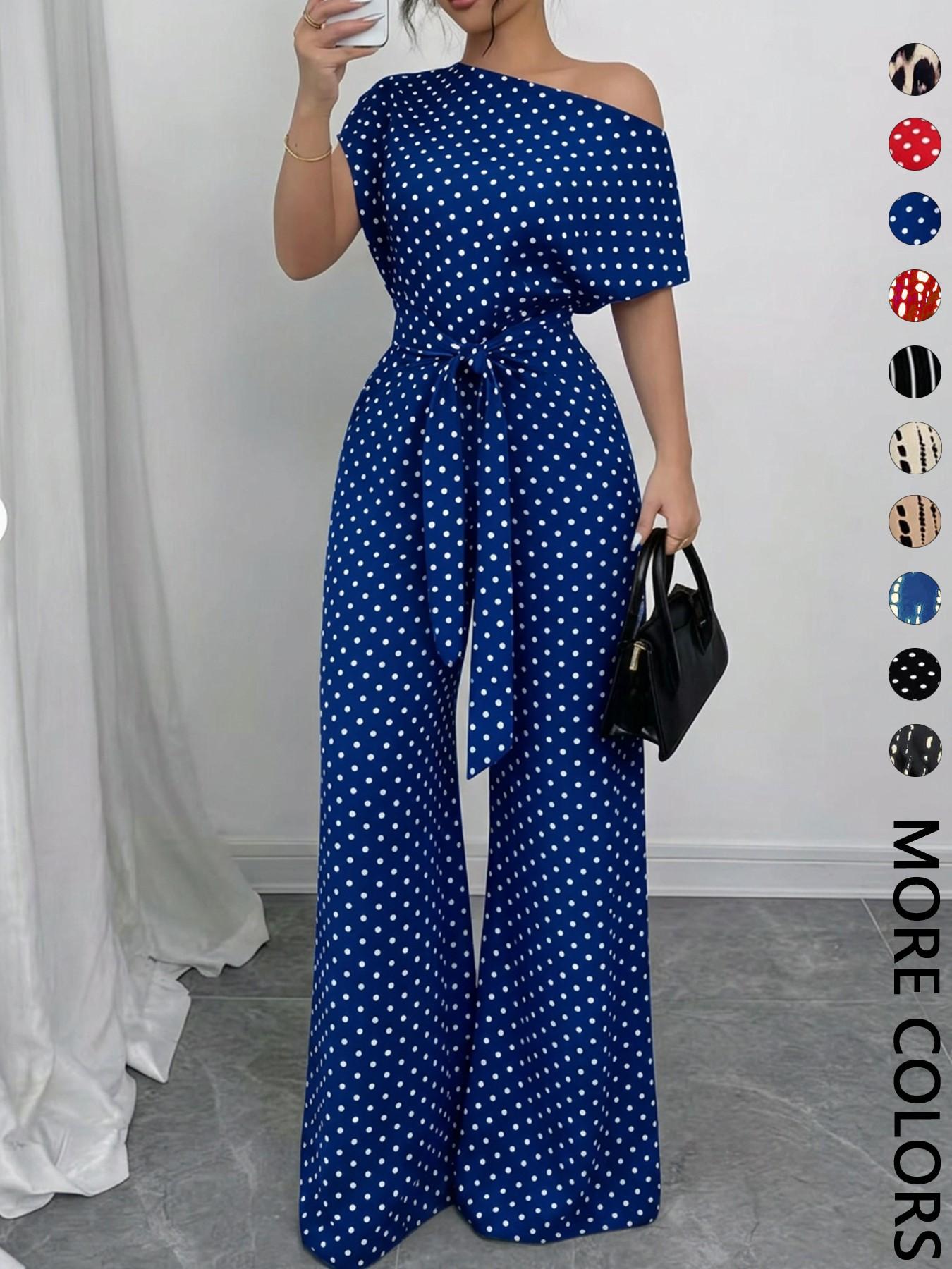 Women's All Over Print Tie Front Jumpsuit, Casual Asymmetrical Neck Jumpsuit for Spring & Fall, Women's Clothes for Daily Wear