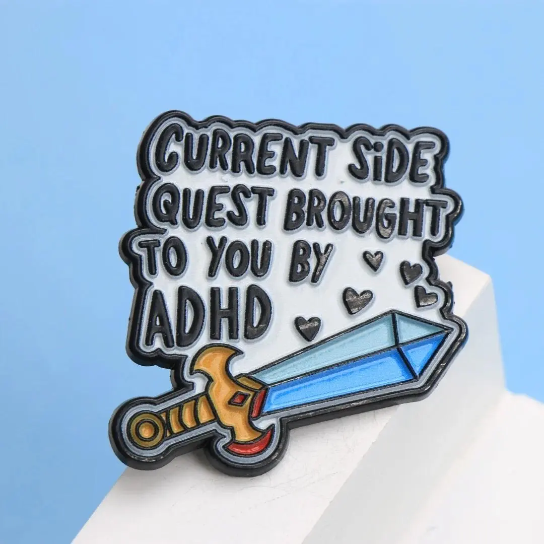 ADHD Side Quest Sword Enamel Pin - Cartoon Slogan Lapel Badge for Backpack DIY Gift