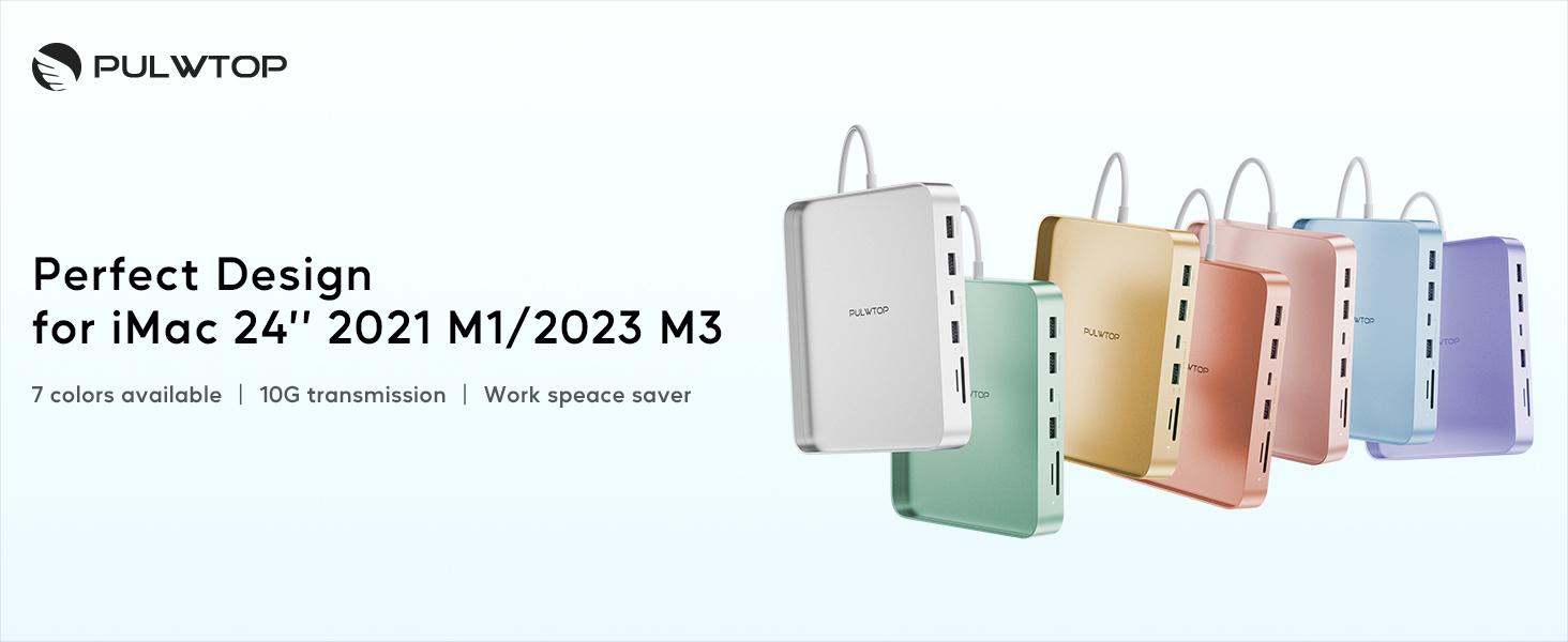 PULWTOP USB C HUB for iMac 24 inch 2021/2023/2024, PULWTOP iMac Accessories for iMac M1/M3/M4 with USB C 10Gbps 3*USB A SD/TF, Docking Station Support Expand M.2 SSD (Not Included),Green