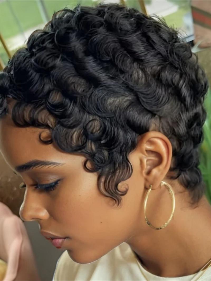 Chic Elegant Pixie Cut Wigs for Women Black 99J 4# Color for Daily Use Short Layered Pixie Cut Human Hair Wigs With Bangs Brazilian Remy Curly Wave Human Hair Full Machine Made Wig 150% Density 6Inch Human Hair Wavy