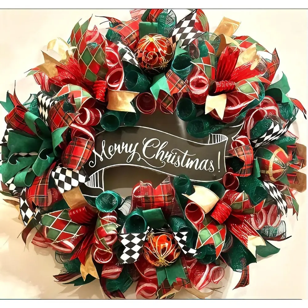 24-Inch Handmade Striped Plastic Mesh Christmas Wreath, Art Deco Festive Decoration with Reusability, for Holidays Front Porch Door Hanging, Indoor Outdoor Home Decor (Thanksgiving, Xmas, New Year)