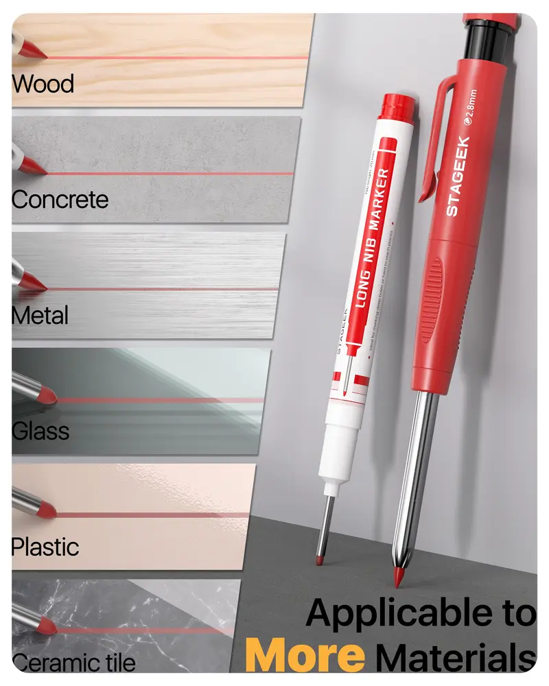 STAGEEK 3-Pack Mechanical Carpenter Pencils Set with Storage Box, Ergonomic Grip, 39 Refills, Sharpener, Eraser, Long Nosed Marker Pens for Architect Marking, Back to School Prep (Marking Tool for Glass, Metal, Plastic)