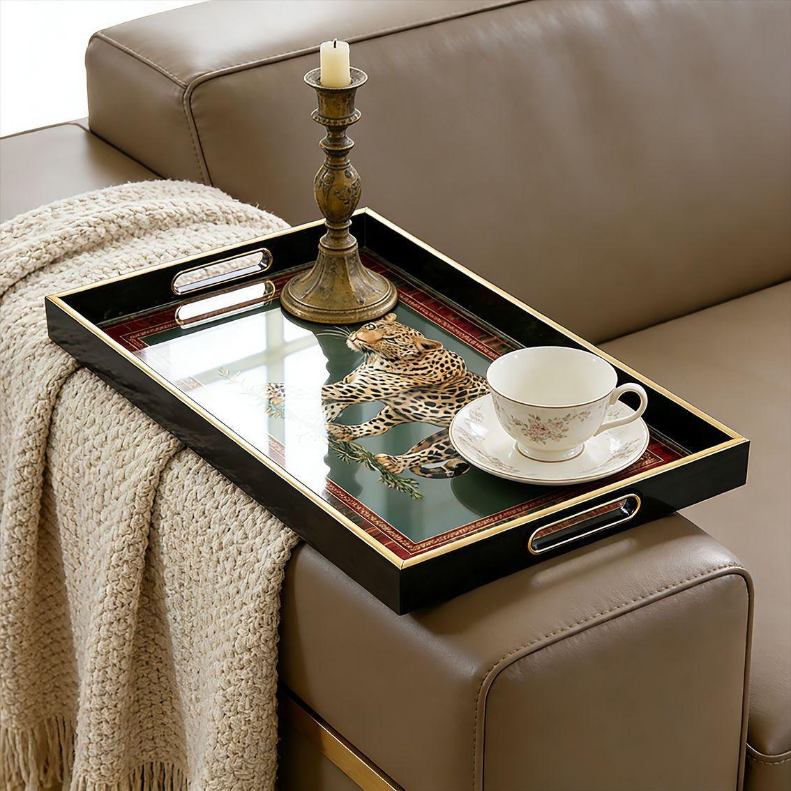 American Style Luxury Retro Leopard Print Tray, Rectangular Tea Tray with Handles, Living Room Decor Storage Dish, Elegant Home Accessory