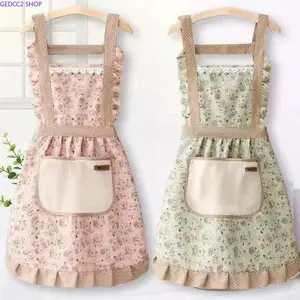 2Pcs Floral Princess Apron Set with Pockets Handbag, Adjustable H-Strap Cooking Baking Apron for Kitchen Restaurant