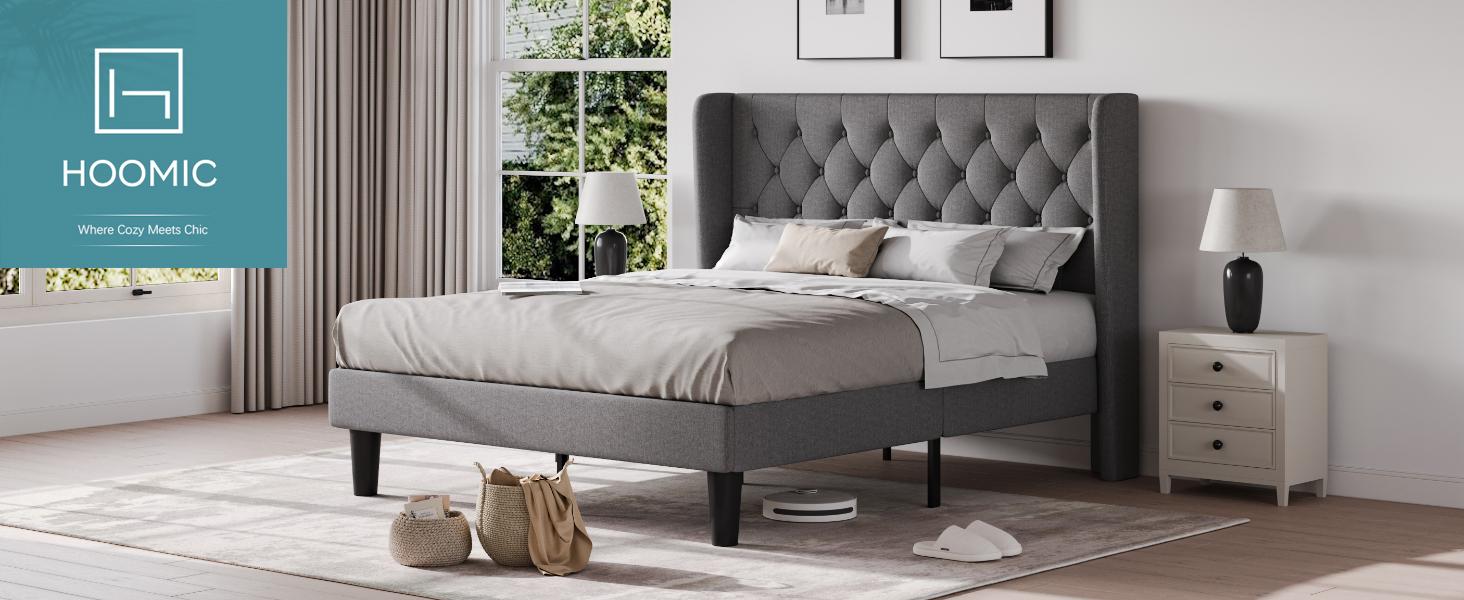 HOOMIC Classic Platform Bed Frame【Frame Only No Mattress】with Button Tufted Wingback Headboard,Upholstered Platform bed with Strong Wooden Slats Support,No Box Spring Needed,Full/Queen/King Size