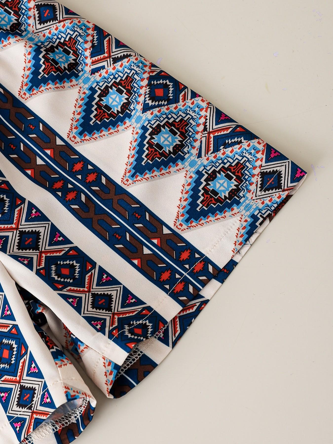 Boys' Summer Classic Fashion Set, Button Half-Open Crew Neck Short Sleeve Top & Geometric Pattern Shorts, Breathable 2-Piece