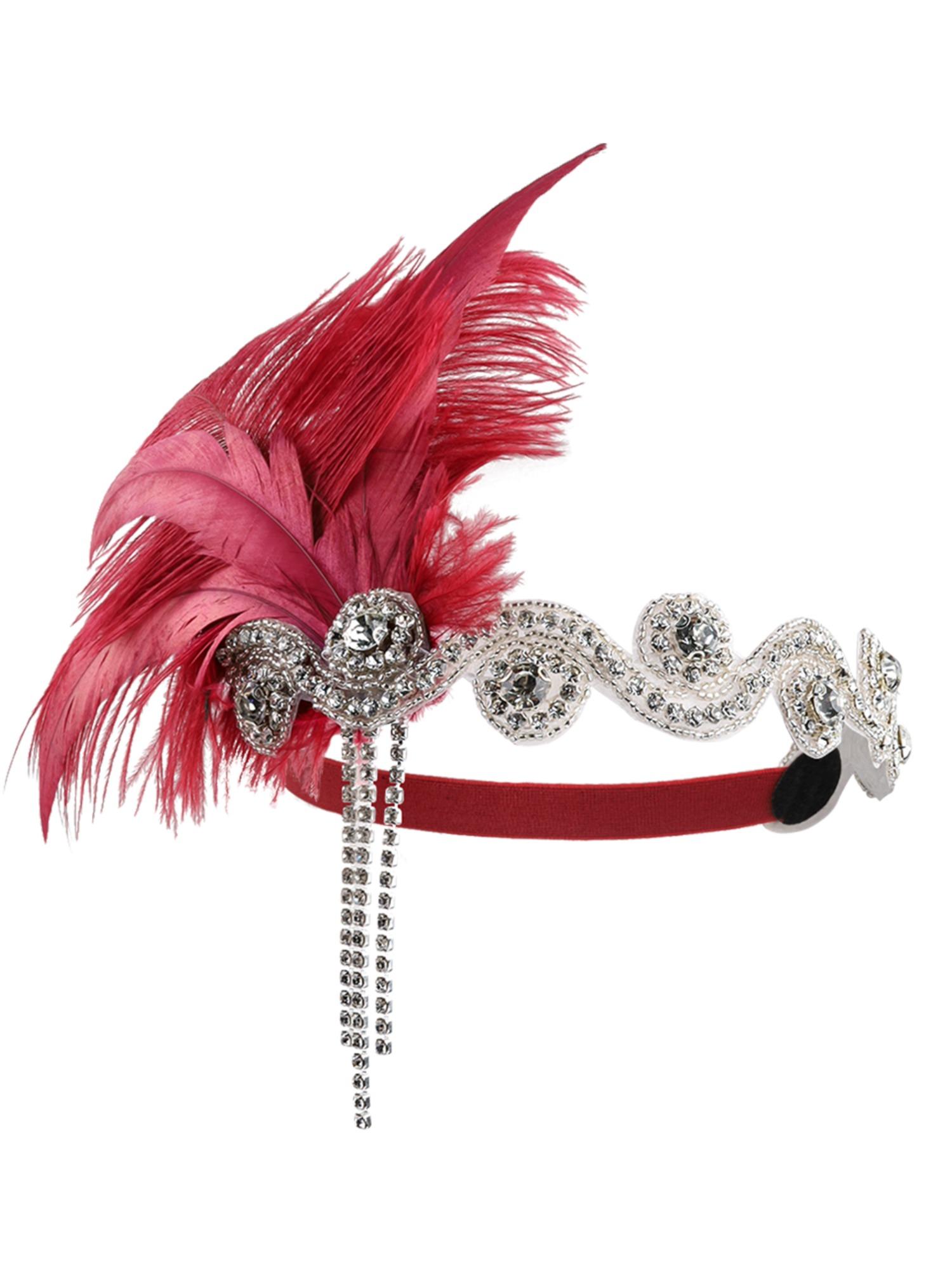 1920s Headpiece Flapper Headband, Rhinestone Pearl Feather Hair Band Great Gatsby Headpiece Accessoreis for Women,Champagne