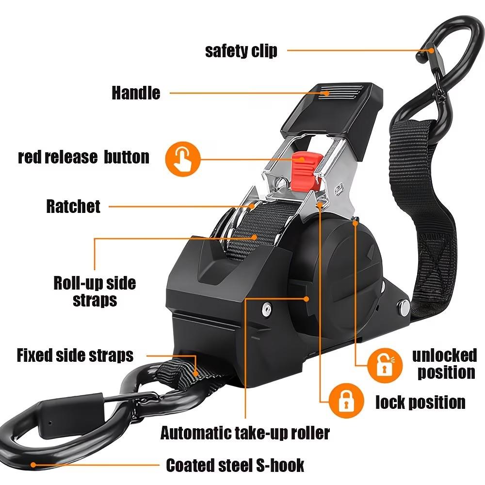 Automatic Retractable Ratchet Strap, Speed Control Hook Lock Buckle, Storage Bag for Cargo Fixing, Motorcycle Transport, Christmas Gift