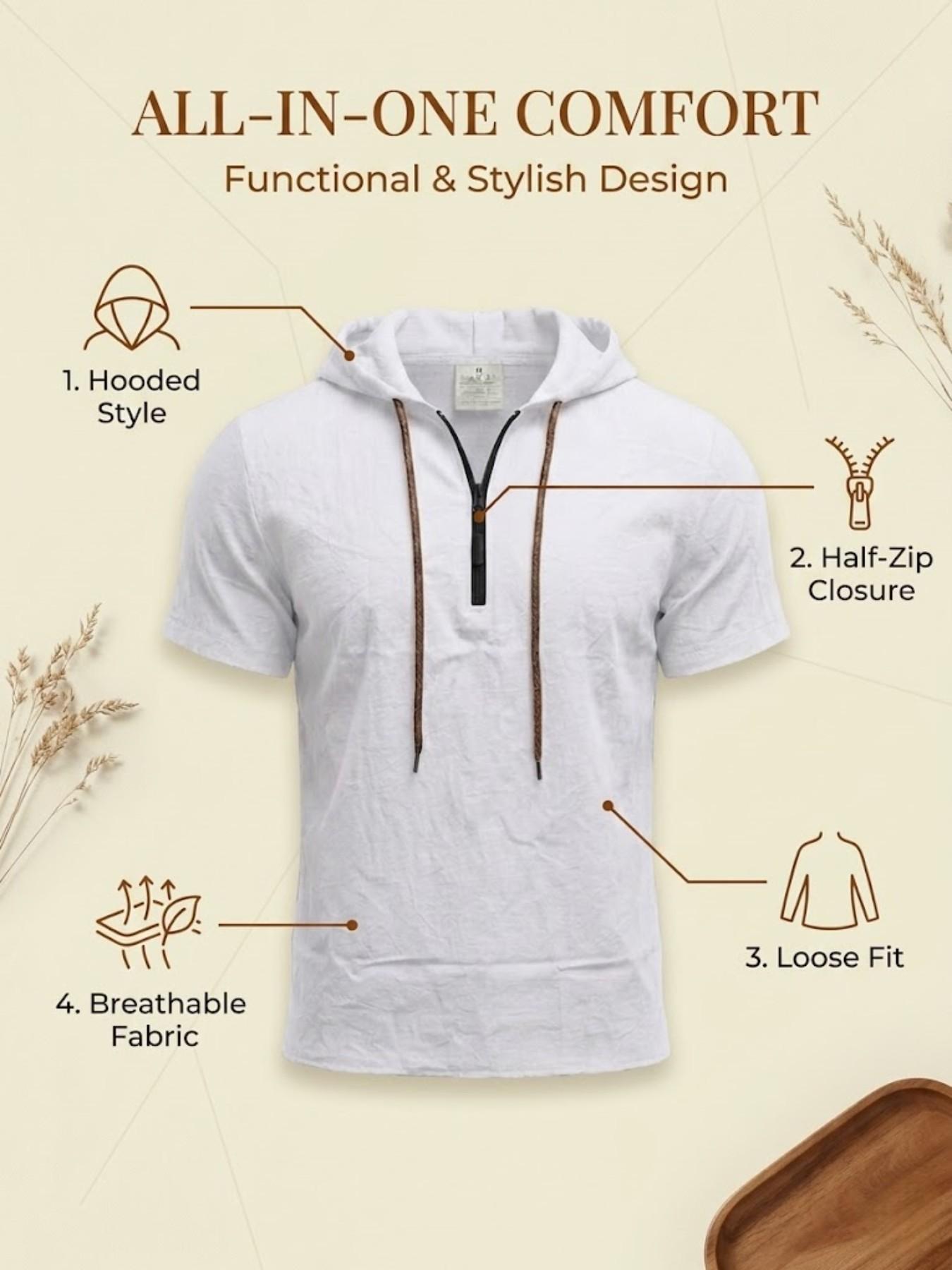 Men's Linen Breathable Half-Zip Hooded Short Sleeve T-Shirt, Summer Casual Sports Sweatshirt, Comfortable Loose Fit Plain Design