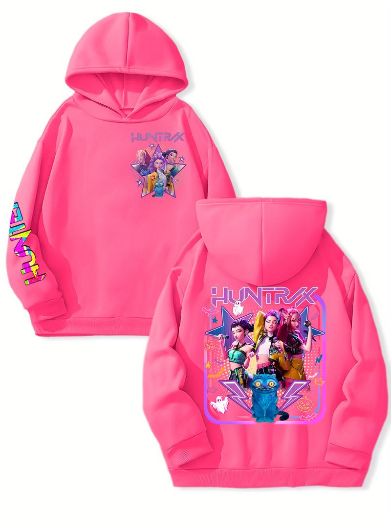 Girls' Kpop Demon Hunters Hoodie, Star Character & Cute Pet Print, Graphic Casual Hoodie, Casual Fitted Sweatshirt, Spring & Fall Elastic Fabric, Christmas Gift