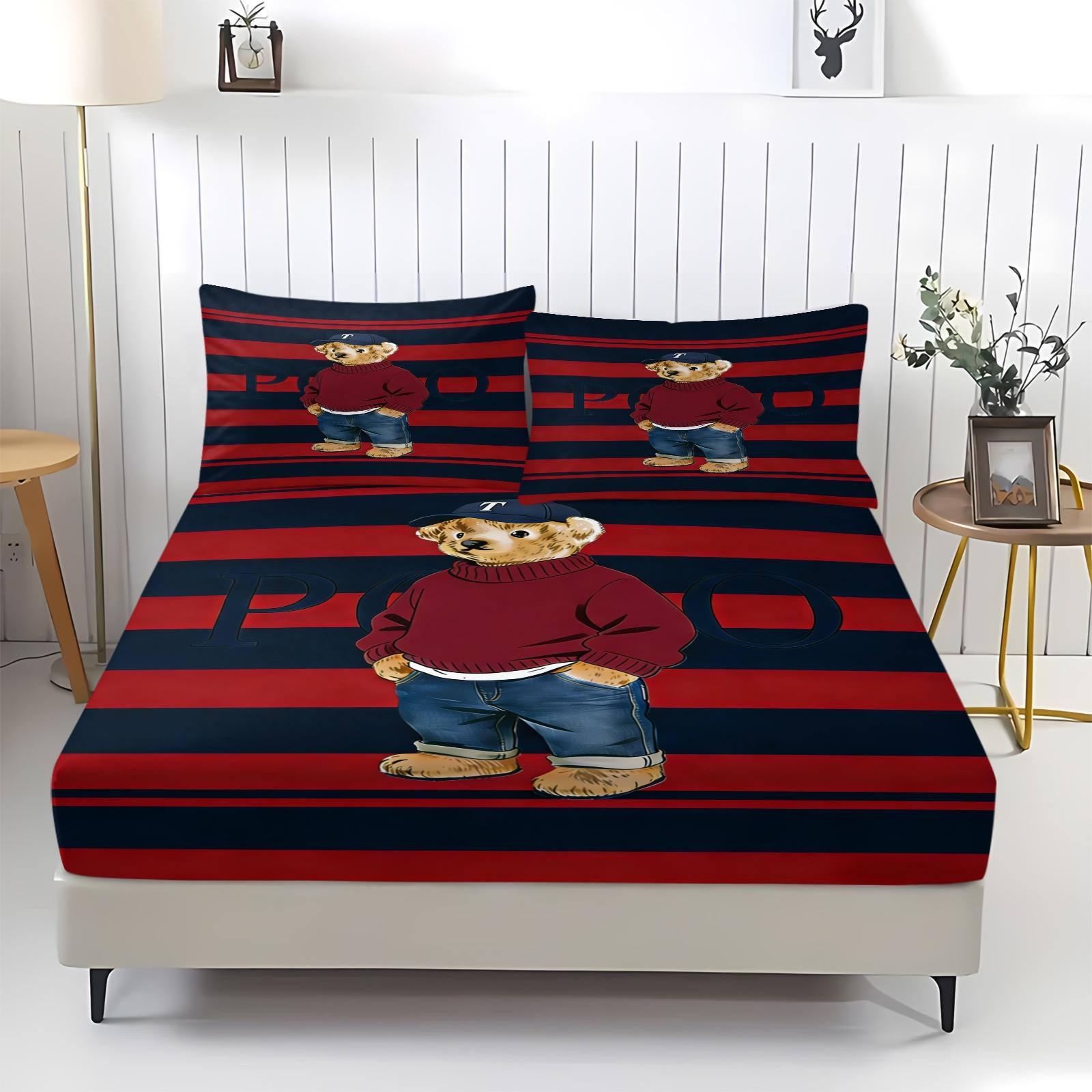 Teddy Bear Pattern Bed Sheet, Comfortable Printed Pattern, Includes 1 Bed Sheet and 2 Pillowcases, Comfortable Bedding, Non slip Dust Cover Suitable for Bedroom and Guest Room, Suitable as a Gift for Children or Adults