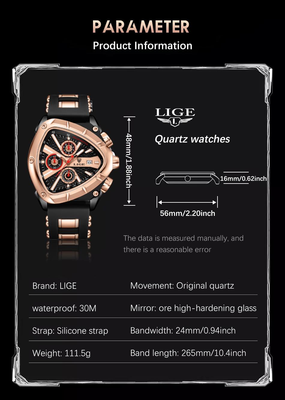 Lige Unique-Shaped Men's Quartz Watch, 48mm Large Dial, Chronograph Function, Date Display, Waterproof, Luminous at Night Silicone Band