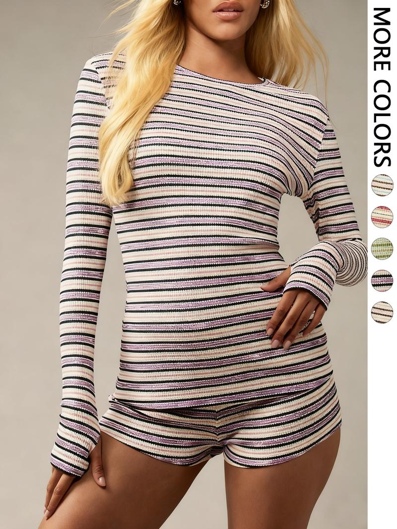 Women's Striped Knit Casual Long Sleeve Top & High Waist Elastic Sporty Shorts Athleisure Wear Set, Spring Fashion, Comfortable Fit