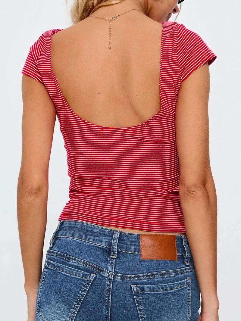 Striped Backless Short Sleeve T-Shirt Casual Summer Top Women's Fashion Tee