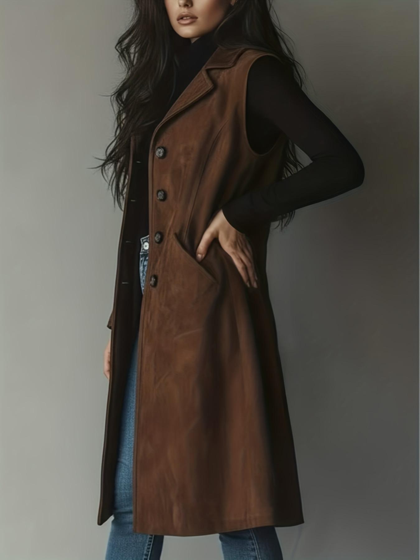 Women's Fashion Commuter Vintage American Collar Jacket Mid-Length Vest, Button Front, Fitted, Knee Length, Fall & Winter, Basic