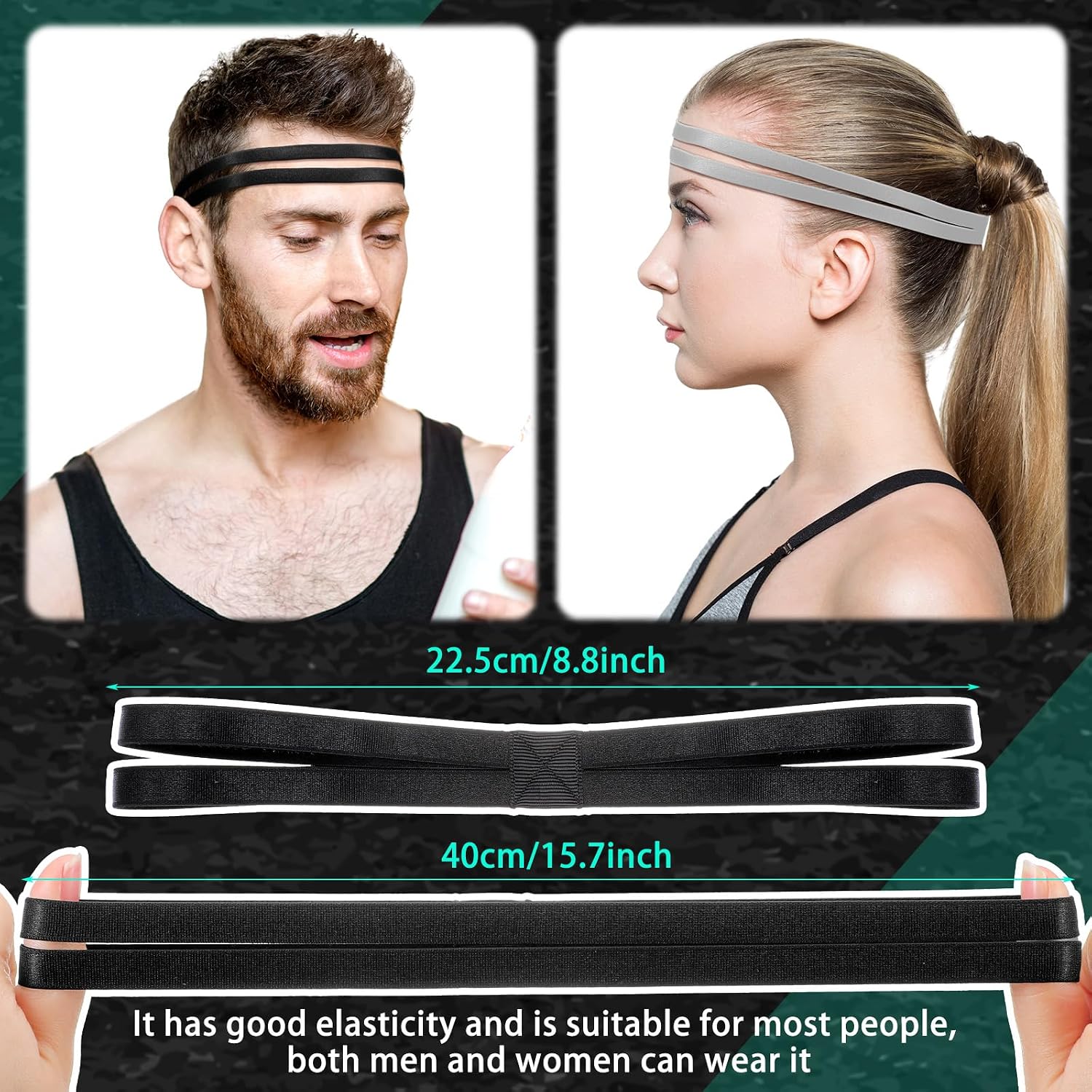 3 count Double-Straps  Headbands Elastic Hairband Non-Slip Sweatband for Women or Men (Black,Grey)