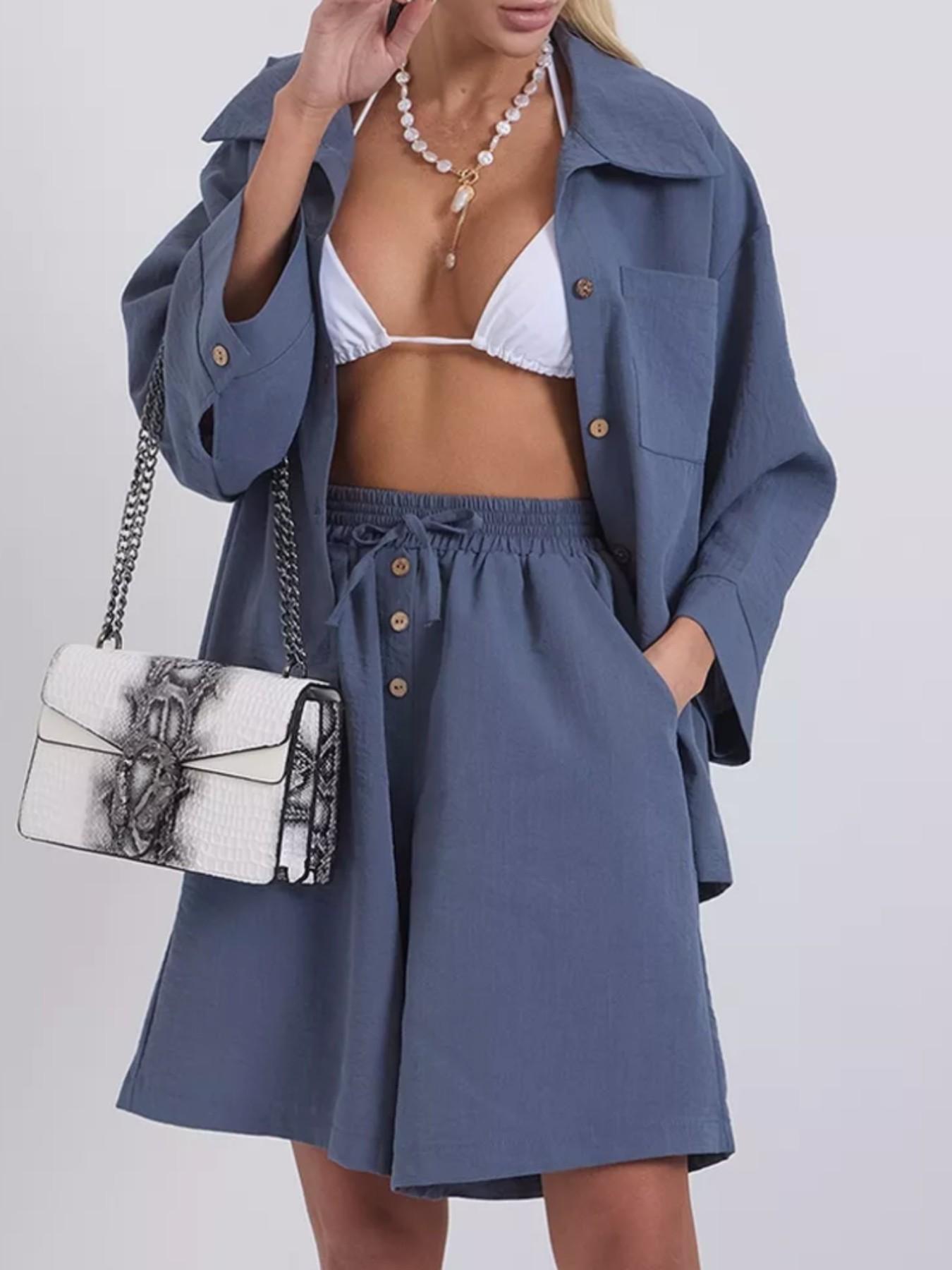 Spring Summer Fashion Womenswear Short Pants Pure Color Shirt Two-Piece Set Suits Casual Loose Fit Short Sleeve Women's