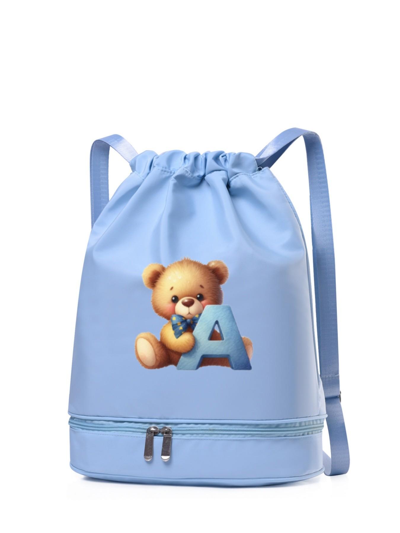 Cute Bear Letter a Pattern Backpack, Lightweight Durable Nylon, Independent Shoe Compartment, Multiple Colors, Fashionable Cartoon Bag
