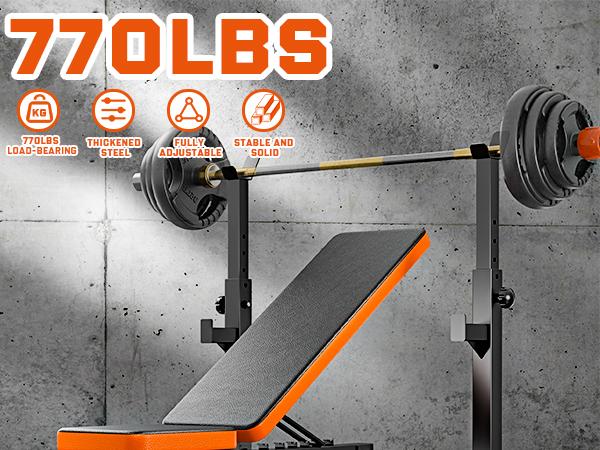 Hapsor Adjustable Weight Bench Set - Multi-Functional Press Rack with Squat Stand, Home Gym Olympic Weight Bench, Removable Foot Catch, Dumbbell Storage, Supports 770LBS, Bold Orange & Black Workout Equipment - Springtok