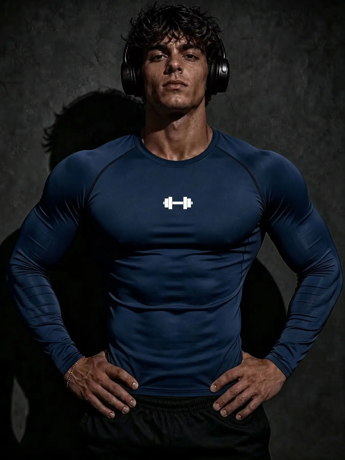 Men's Summer Sportswear Quick-Dry T-Shirt, Breathable Fabric, High Elasticity Compression Long Sleeve, Sporty Fit, Dumbbell Print, Outdoor Activities