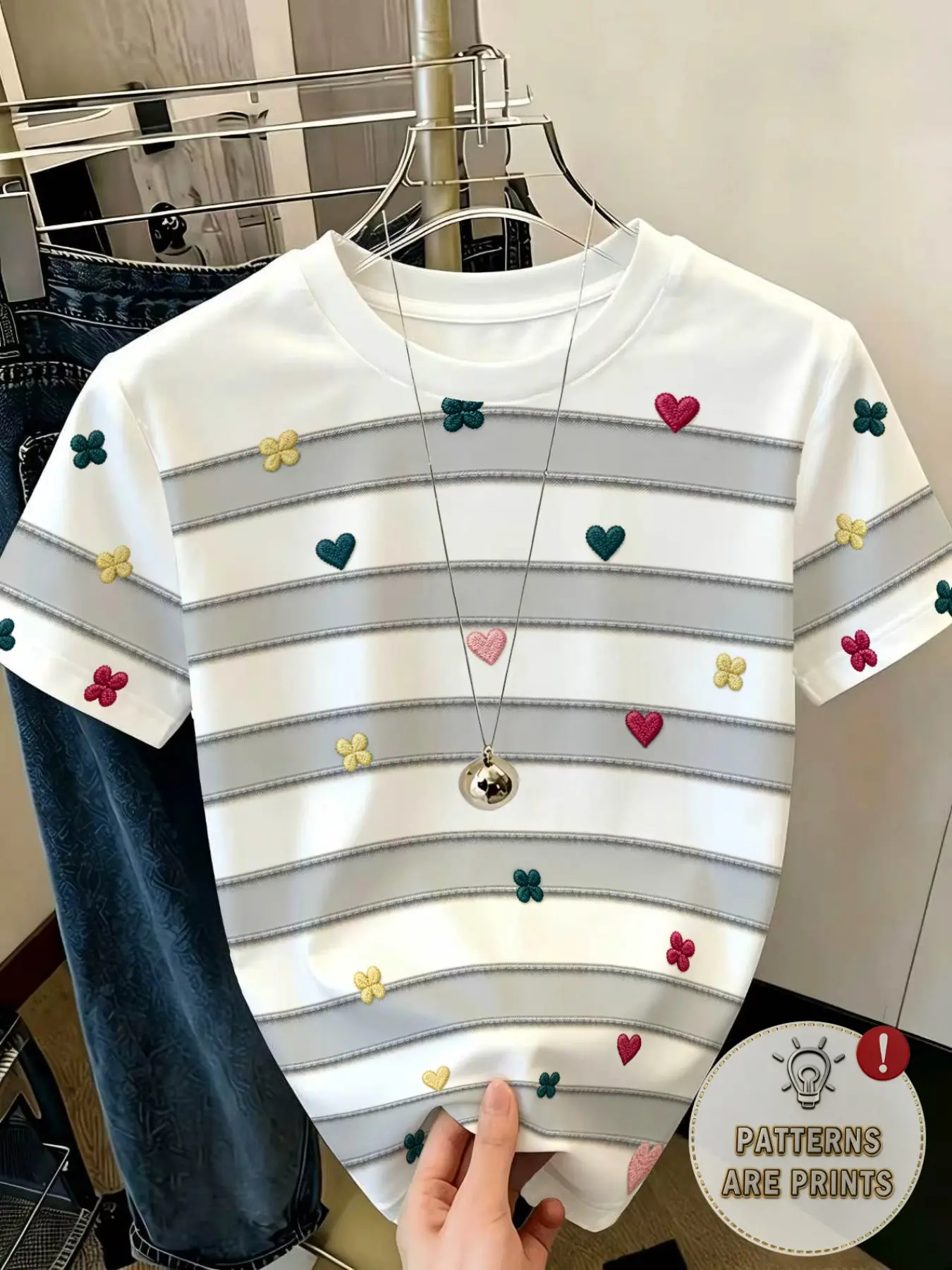 Women's Striped Round Neck Short Sleeve T-Shirt, Colorful Heart Flower Print Casual Top, Embroidery Style, All Seasons Wear