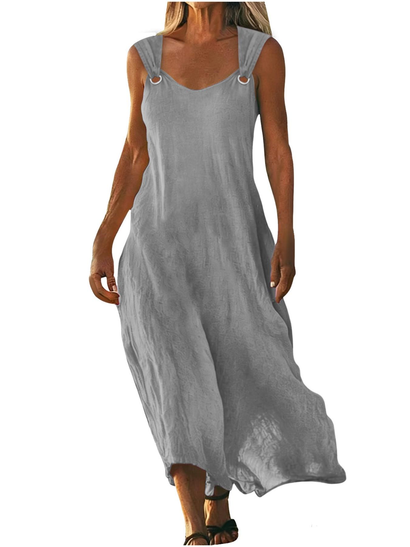 2026 Women's Dress, Everyday Casual Summer Wear, Womenswear, Elegant Aesthetic V-Neck Design, Metallic Button Detailing, Breathable Lightweight Cotton-Linen Fabric, Sleeveless, Minimalist Style