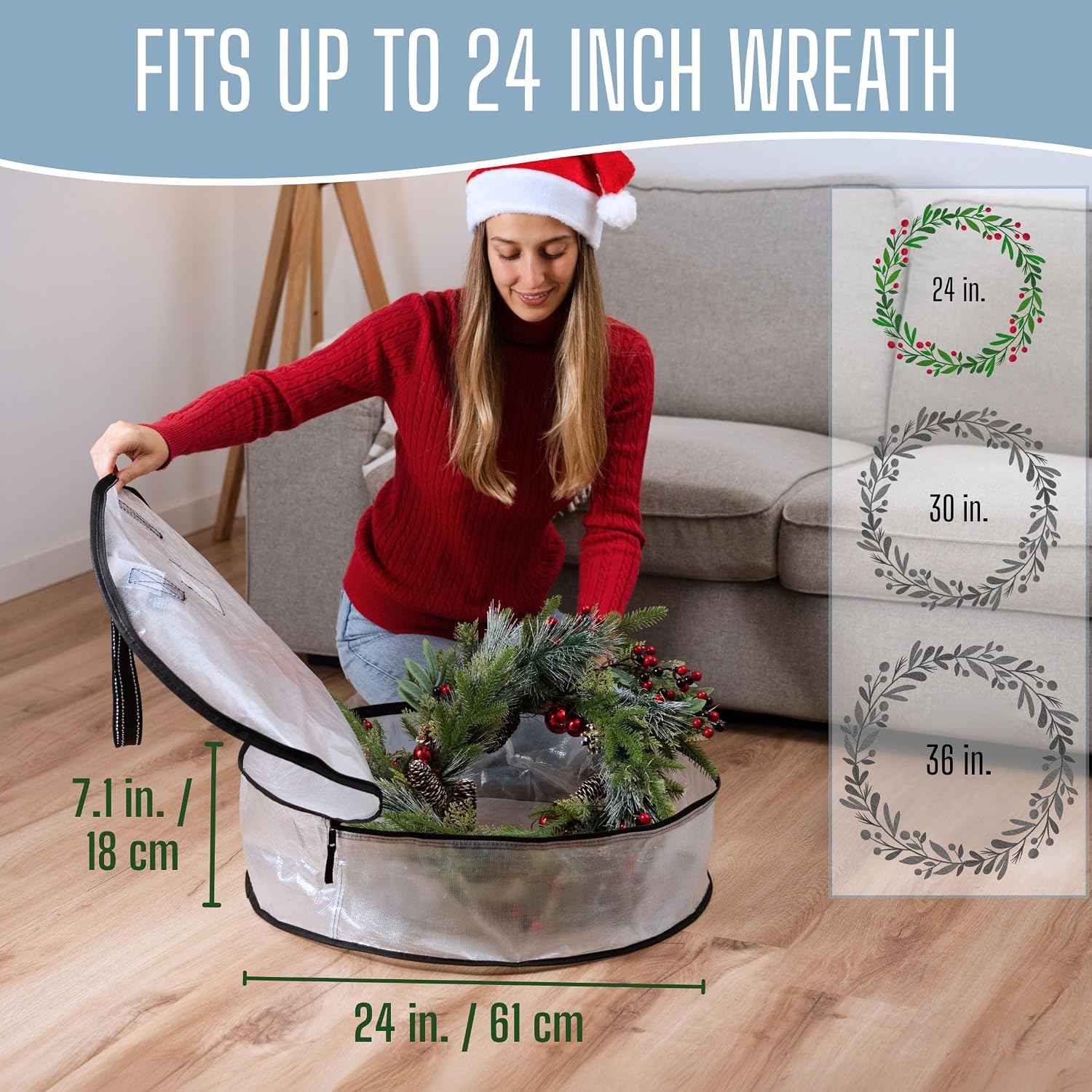2 Pack Summer Wreath Storage Container, 24 Inch Clear Wreath Bag, Spring, Christmas Garland Decoration Organizers with Zipper and Durable Handles (Clear, 24"-2 Pack)