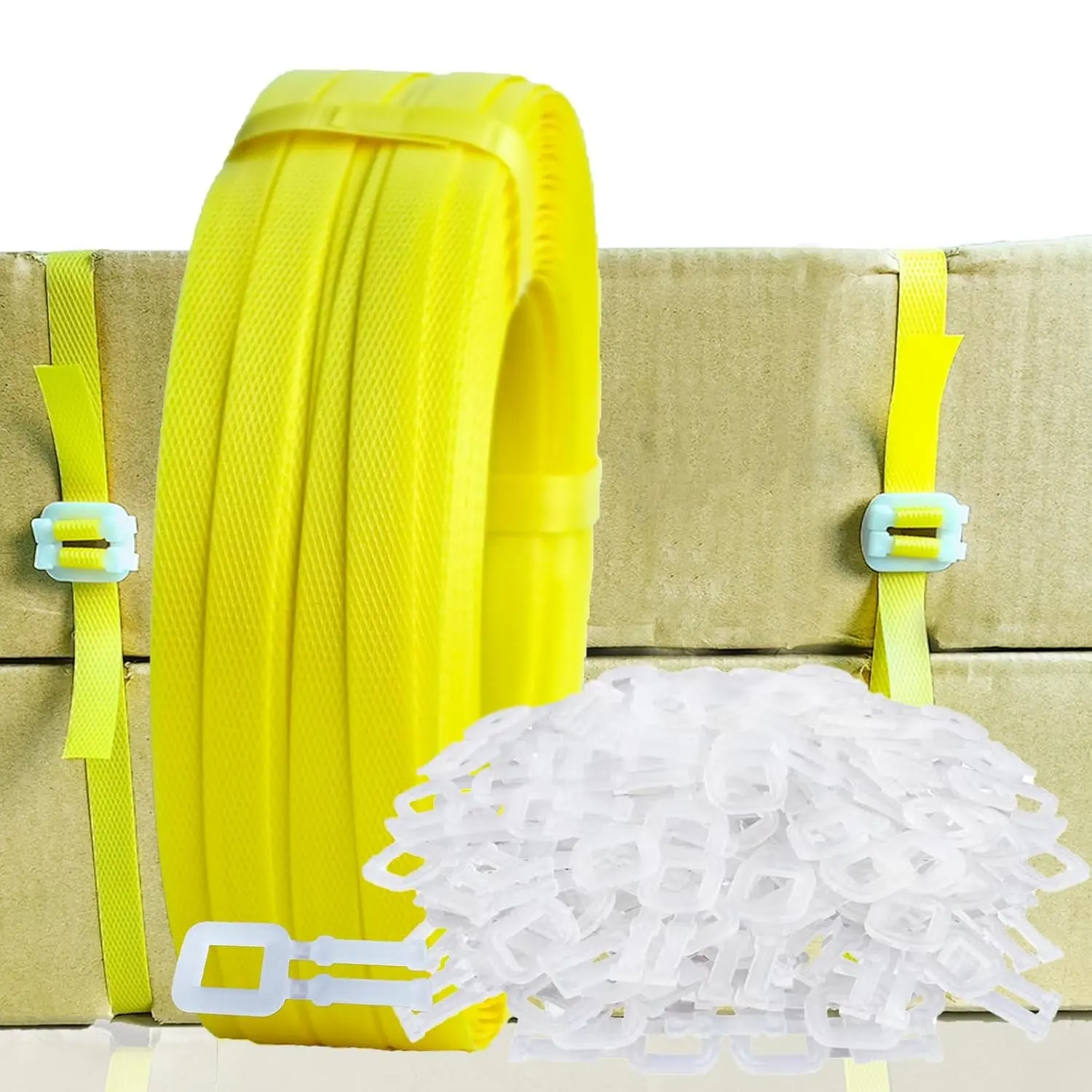 Banding Strapping Kit with Packaging Strapping Tool, Yellow | 5900" Length Poly Strapping, 100 Buckles for Box Packaging Packing Banding Shipping Moving