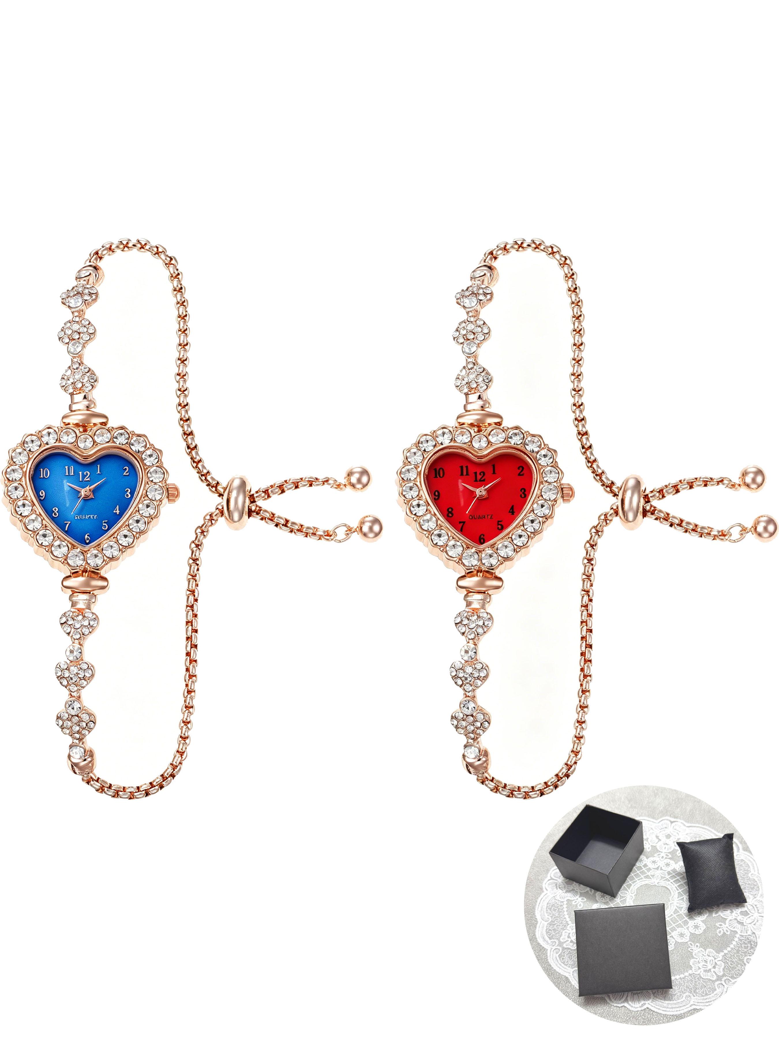 2026 new alloy heart-shaped digital dial watch, Arabic numeral dial, adjustable drawstring strap, quartz watch, diamond decoration, perfect gift for Christmas, Valentine's Day, birthdays and anniversaries, with gift box, Watch gift set